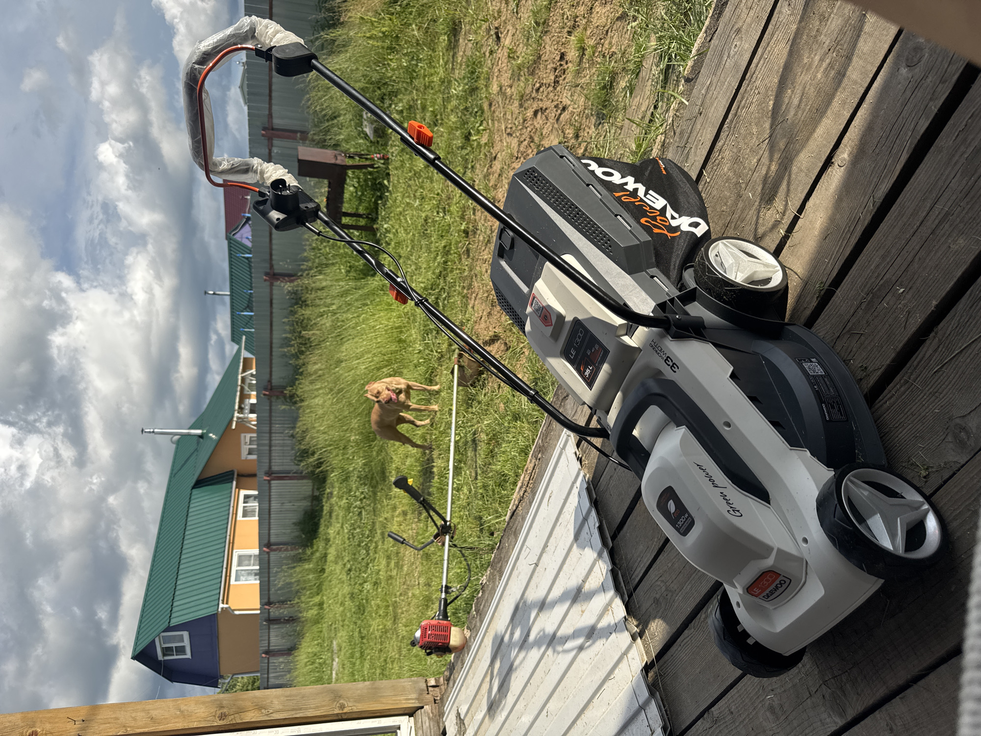 The image shows a white and grey lawnmower with a black grass catcher bag on a wooden deck. The lawnmower has "Green power 1300W" written on its side, along with the brand name "DAEWOO". The grass catcher bag also has "DAEWOO" printed on it in orange lettering. To the left of the lawnmower, a string trimmer with a red engine is visible, lying on a patch of green grass. In the background, a light brown dog is standing in the grass, facing away from the camera. Behind the dog and grass, a yellow house with a green roof and a blue lower section is partially visible. The sky is cloudy and overcast, suggesting it might be daytime with potentially changing weather. The overall scene appears to be outdoors, possibly in a backyard or garden setting in Южное Снт, Russia, with elements of outdoor equipment and a domestic animal. There are no people visible in the image.
