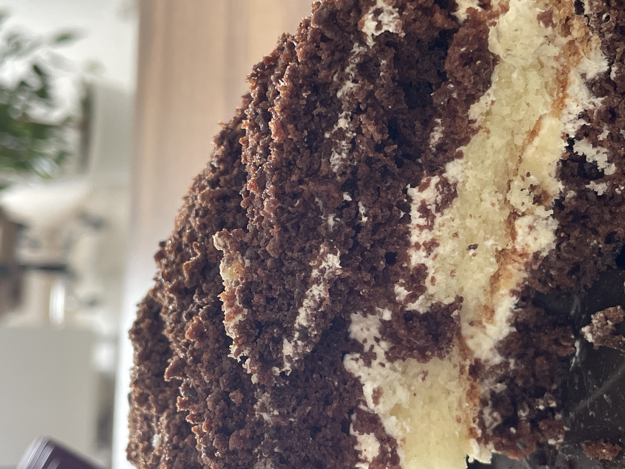 The image is a close-up shot of a slice of cake. The cake has a dark brown, possibly chocolate, exterior with a layered interior that includes a light-colored, possibly vanilla, filling. The texture of the cake appears moist and crumbly. The slice is positioned in such a way that a portion of the exterior and interior are visible.
There is no information in the image about the location being Izhevsk, Russia or any other specific city. The background is blurred, showing hints of an indoor setting with indistinct objects.