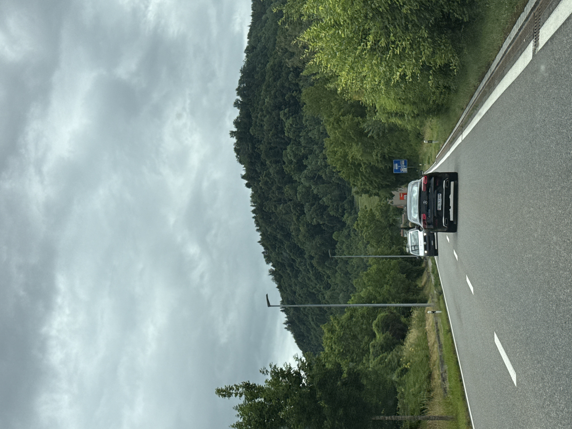 The image depicts a daytime scene from a vehicle traveling on a road, likely a highway or major route, under an overcast sky. The overall impression is one of travel through a hilly, forested landscape.
The upper portion of the frame is dominated by a cloudy, gray sky, indicating an overcast day. To the left, a large, steep hill or mountain covered in dense green trees forms a prominent part of the landscape, extending into the mid-ground. Closer to the road, more lush green vegetation, including bushes and smaller trees, lines the roadside.
The asphalt road, characterized by its dark gray surface and clear white lane markings (a solid line on the right shoulder and dashed lines in the lane), occupies the foreground and extends into the mid-ground. A white concrete barrier with vertical grooves runs along the right edge of the road. Two cars are visible ahead in the same lane. The most prominent is a black SUV, clearly showing its rear. Behind it, a lighter-colored vehicle is partially visible.
Several tall, slender streetlights or utility poles are spaced along the left side of the road, extending towards the distance. In the mid-ground, a blue road sign, typical of Swiss signage, is visible, though its specific text or symbols are too indistinct to read.
The most notable visible text is on the license plate of the black SUV, which clearly reads "GE 243960." The "GE" prefix confirms the vehicle is registered in Geneva, Switzerland, aligning with the provided location context of Switzerland. The scene captures a moment of ordinary travel, with cars moving along a road flanked by natural scenery and infrastructure.