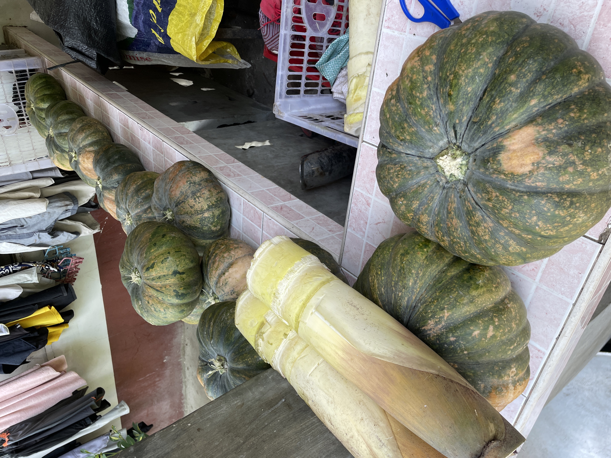 The image shows a collection of squashes and bamboo shoots arranged on a tiled surface. A row of squashes lines the edge of a low wall, with additional squashes and bamboo shoots piled at the end. In the background, there is a white laundry basket and a collection of items including what appears to be clothes. The scene is in Kiblawan, Philippines.