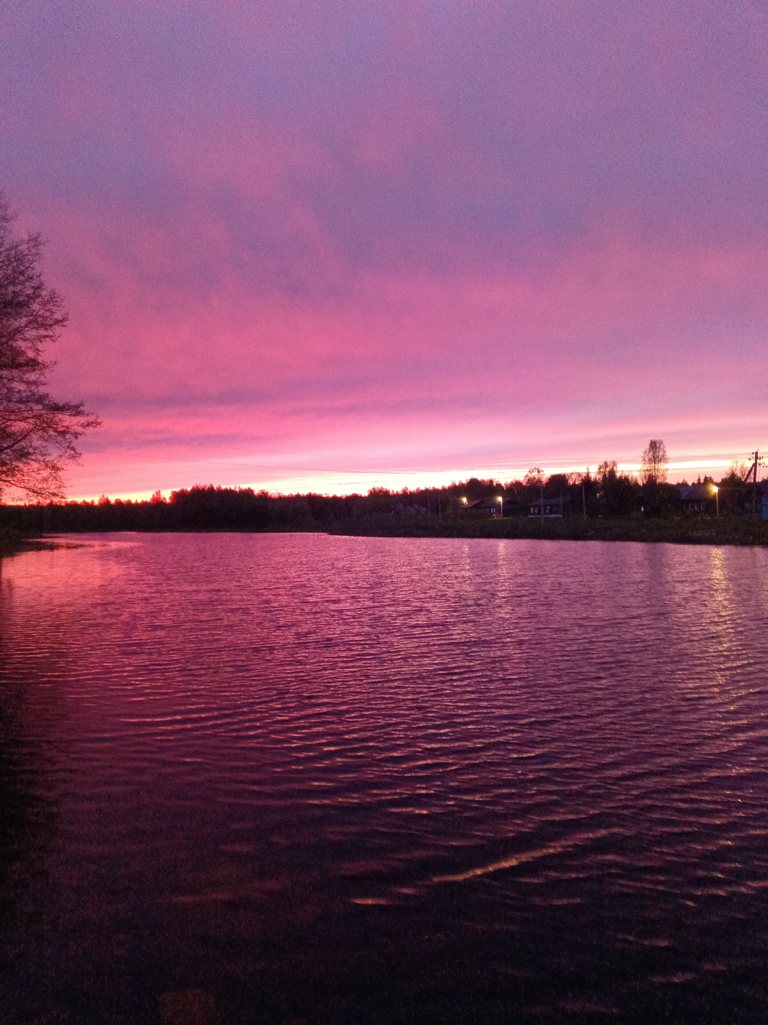 The image depicts a landscape at twilight in Красный Маяк, Russia, featuring a body of water reflecting a vibrant pink and purple sky. The water's surface is rippled, reflecting the colors of the sky. In the background, a treeline and buildings with illuminated windows are visible, indicating a settlement. To the left, part of a tree is visible, providing a foreground element.