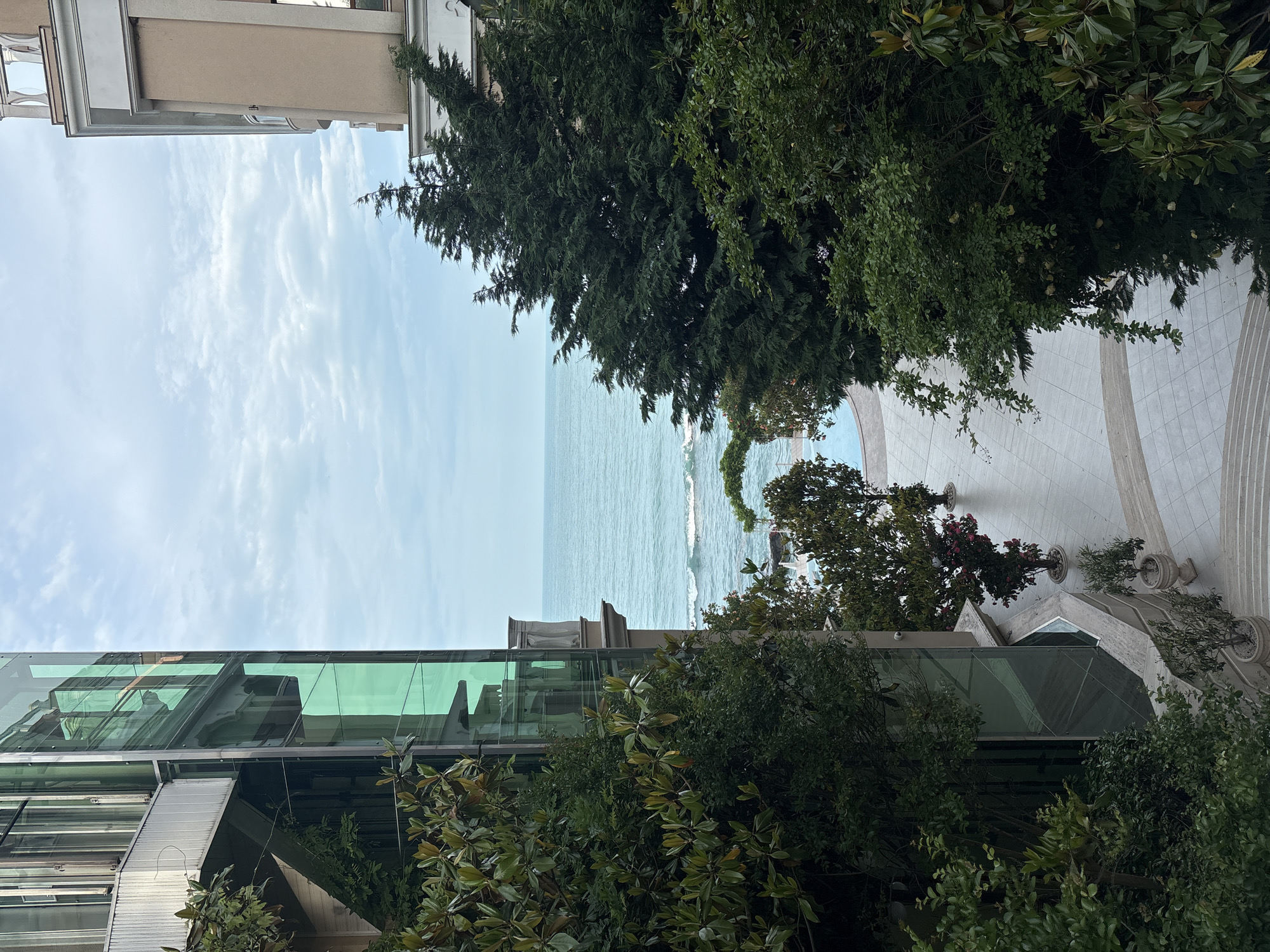 The image presents a serene coastal view, likely captured from an elevated position such as a balcony or upper floor, looking towards the sea. The sky, occupying the upper part of the frame, is a pale blue adorned with delicate, wispy white clouds. Below the sky, the calm, light blue sea extends horizontally across the middle distance, featuring gentle ripples and small waves near the distant shoreline, which is partially obscured by foliage.
The foreground and midground are characterized by an abundance of lush, green vegetation. A prominent dark green evergreen tree, possibly a cypress, dominates the right side of the view, while a tree with large, dark green leaves, resembling a magnolia, occupies the lower left. Various other green bushes and trees are interspersed throughout, creating a rich natural frame for the sea view.
Man-made structures are visible on both sides of the frame. On the far left, a contemporary building features large, green-tinted glass panels and a lower section with a metallic or grey facade. To the right, an older-style building with a light beige or off-white facade showcases classical architectural elements, including decorative moldings and cornices. A light-colored, paved walkway or promenade with subtle geometric patterns curves from the lower right, leading towards the sea, and is decorated with potted plants or small trees in planters.
The scene is set during daytime, with soft, even lighting suggesting either morning or late afternoon. The weather appears clear and pleasant. No people or specific activities are discernible in the tranquil scene. There is no visible text.