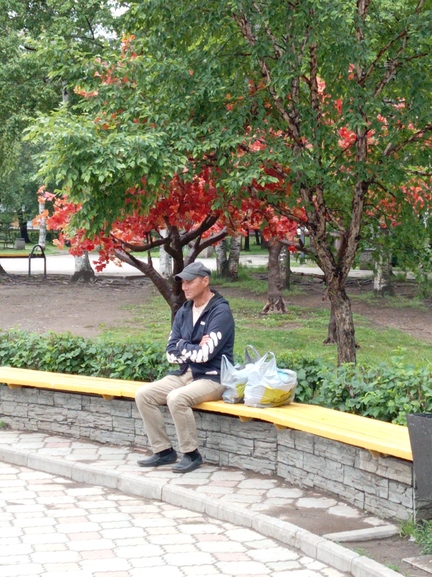 A man in a grey baseball cap, a dark hooded jacket with white detailing on the sleeves, and light tan pants sits with his arms crossed on a yellow wooden bench. The bench is supported by a stone wall. In front of the bench are several white plastic shopping bags. Behind the bench, there are green bushes and trees with some red and green foliage. The ground is covered with dirt and a patterned stone walkway. The man is looking to his left, away from the camera. This scene appears to be in a park in Artyom, Russia.