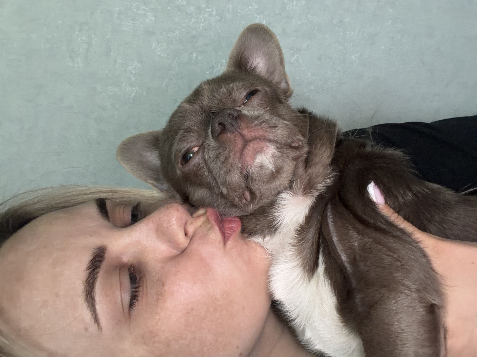 A woman is shown in close proximity to a French bulldog. The woman is lying on her side, with her eyes closed, and her lips are touching the dog's face. The dog appears to be lying on its side as well, with a somewhat drowsy expression. The dog is predominantly brown with white markings on its chest and paws. A small portion of the woman's hand with a painted nail is visible near the dog. The background is a muted light blue. The scene is indoors. There's no evidence to indicate the location is Votkinsk, Russia.