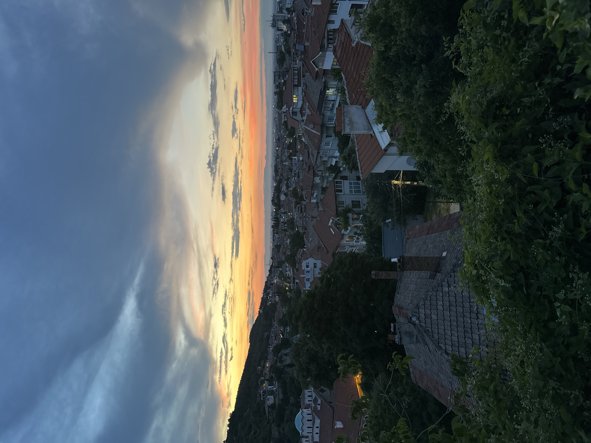 The image captures a panoramic view of Asenovgrad, Bulgaria, at dusk. The sky is a canvas of twilight hues, with a dramatic interplay of deep blues, grays, and fiery oranges and yellows near the horizon, indicative of a setting sun. Wispy clouds stretch across the upper portion of the frame. Below, the cityscape unfolds, characterized by a dense arrangement of residential buildings with terracotta tile roofs. The buildings are a mix of architectural styles, with some appearing older and others more modern, dotted with windows that show faint interior lights.
Dominating the left side of the image is a lush, tree-covered hillside that slopes down towards the town. Amidst the trees, a distinctive white building with a blue dome stands out, a likely landmark such as the Church of the Assumption of the Virgin Mary. The foreground is occupied by dense green foliage and the rooftops of several houses, suggesting the vantage point is from a higher elevation looking down. The overall atmosphere is serene and picturesque, with the soft evening light casting a warm glow over the scene. No people are visible in the image.