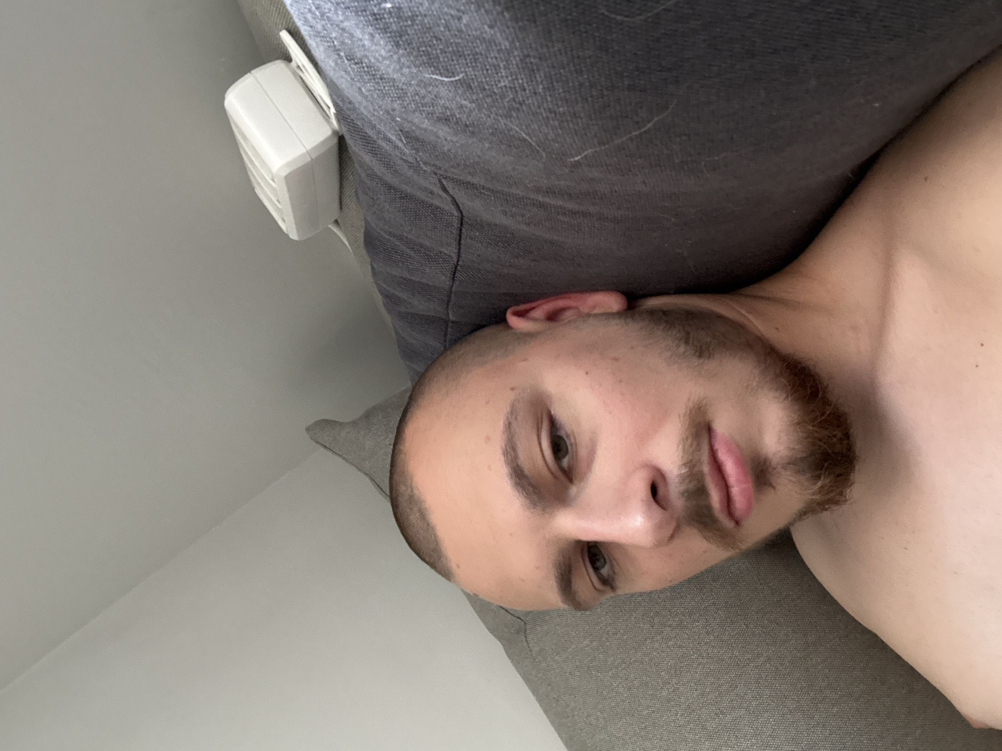 The image shows a close-up of a person with short hair and a beard lying on a gray couch. A small white object is attached to the couch near the person's head. The background is a light gray wall. The location in Stara Zagora, Bulgaria is not apparent from the image.