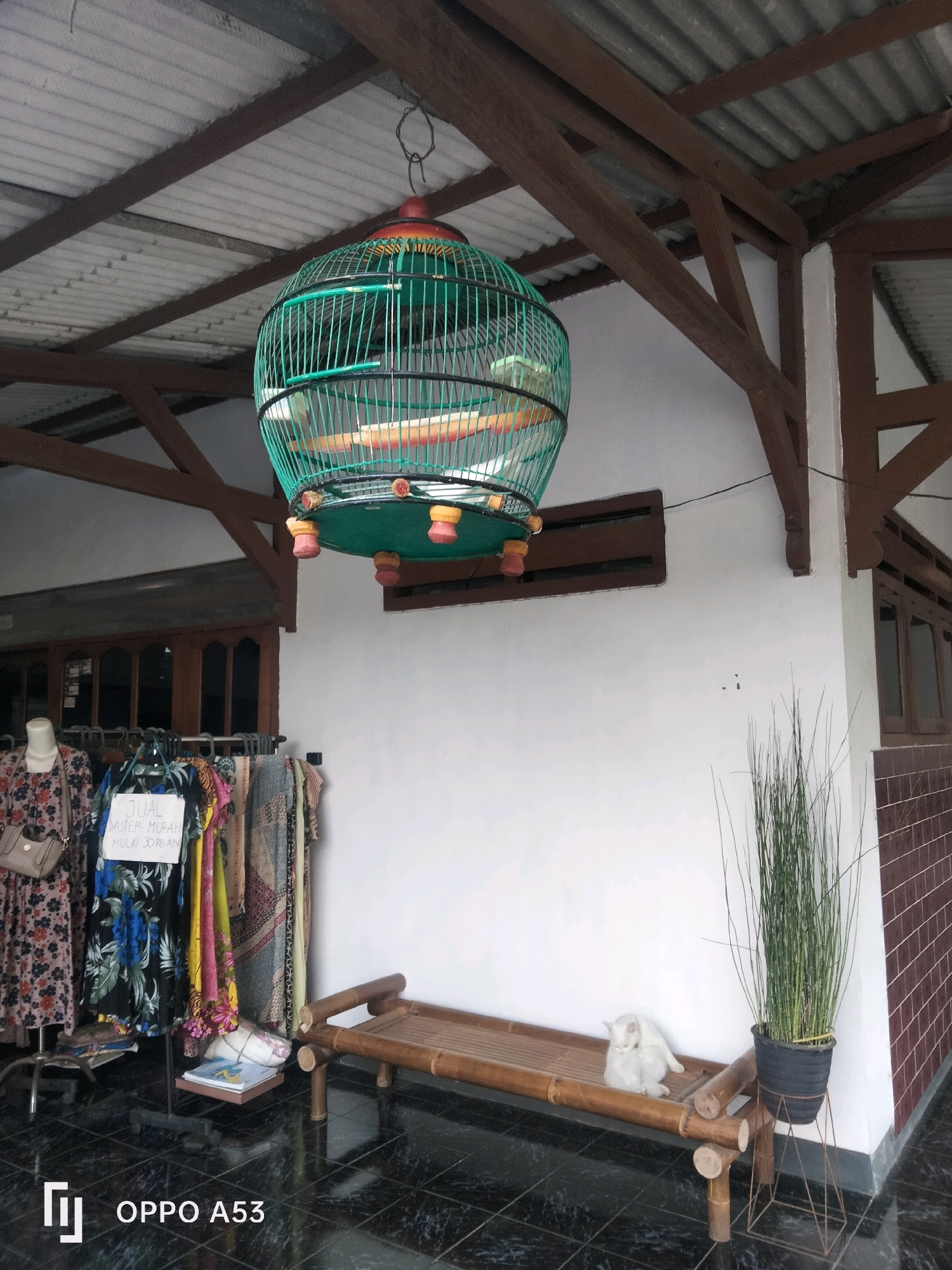 The image depicts an outdoor covered area, possibly a storefront or a porch, in Ngulanwetan, Indonesia. A light green birdcage hangs from the wooden ceiling beams. Below, a rack of colorful clothing is displayed, with a sign that reads "JUAL DASTER MURAH MULAI 30RB AN," indicating "Sale of cheap nightgowns starting from 30 thousand." A mannequin is also visible, dressed in a floral-patterned garment. In the background, a simple wooden bench made of bamboo is situated. A white cat is resting on the bench, and a potted plant with thin, tall stalks stands nearby on a decorative stand. The floor is tiled with black and white squares. The walls are white, and a portion of a tiled wall is visible on the right side. The overall impression is that of a small, casual retail space or a home with a display of goods for sale.
