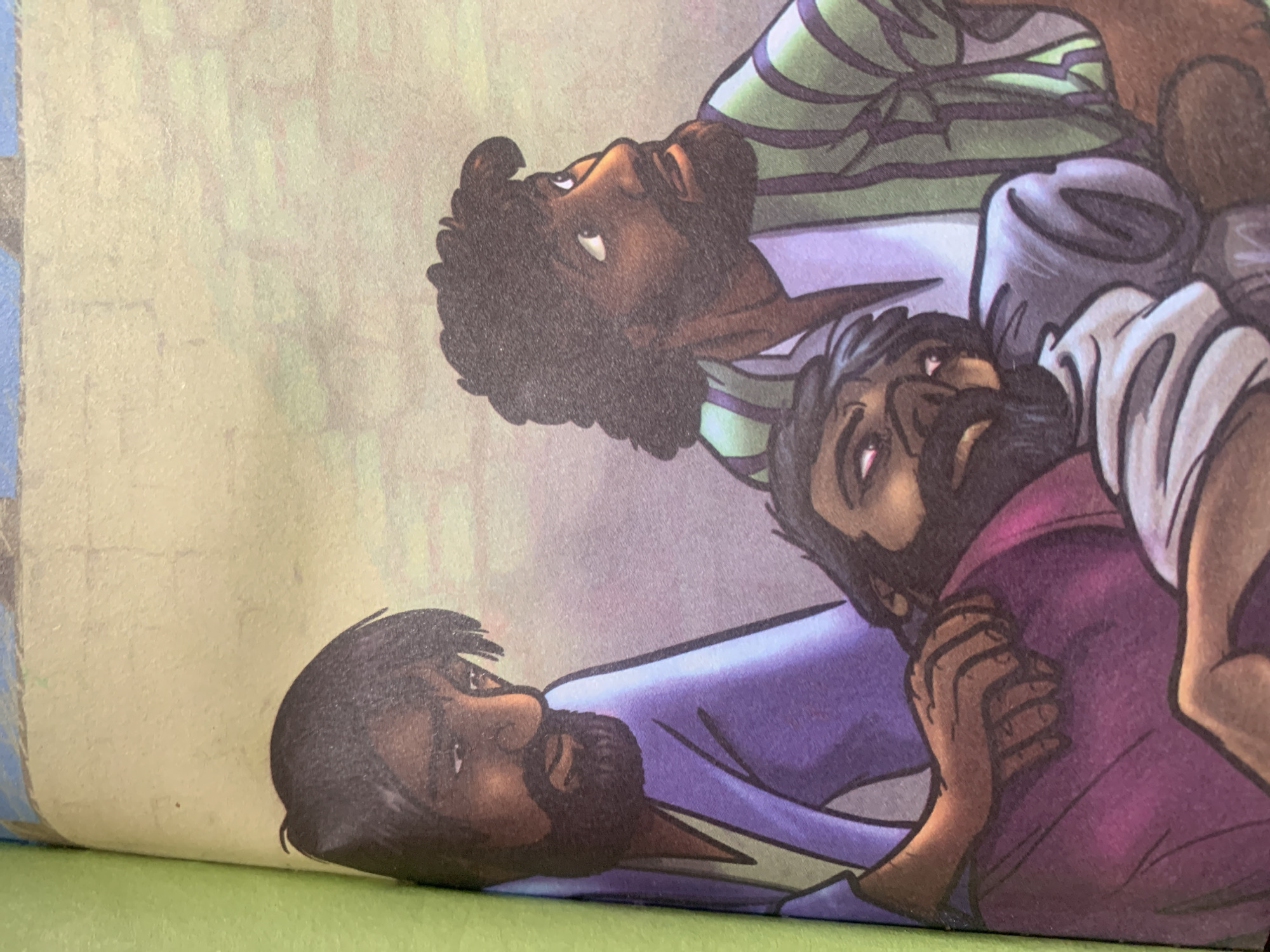 The image depicts an illustration of three men. One man is lying down, supported by the other two. The man lying down has his eyes open and is looking upwards. The man on the left is wearing a purple garment and has his hand on the chest of the man lying down. The man on the right is wearing a green and white striped garment and is looking upwards and to the right. The background is a light, textured color. There is no visible indication of a specific location within Jauro Yinu, Nigeria.