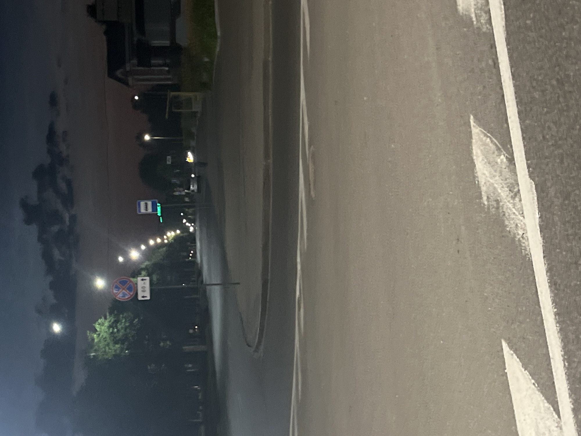 The image shows a street scene at dusk or night, likely in Vitsebsk, Belarus. The foreground is dominated by an asphalt road with white lane markings, including a pedestrian crossing. To the left, a sign with a red circle and a diagonal red bar indicates "no stopping" or "no parking," with an additional sign below showing "60m" and two arrows pointing upwards. A bus stop sign, blue with a white bus icon, is visible further down the street to the right of center. Streetlights illuminate the scene. Trees line the sides of the road, and a building with a dark roof and illuminated windows is visible on the right. A few cars and possibly a person are present in the distance, with their headlights or lights creating blurs. The sky is dark with some cloud cover and faint lights.