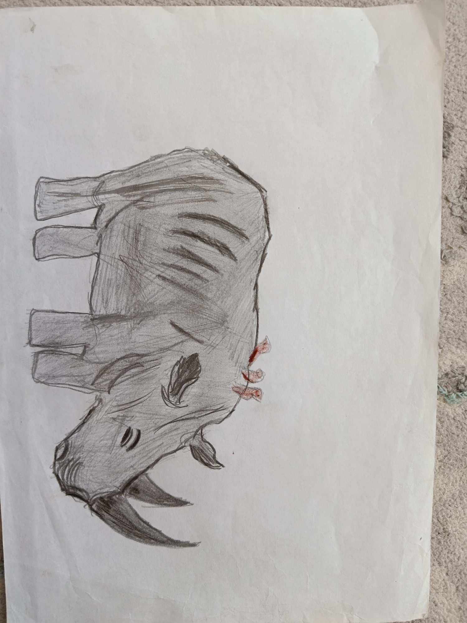 A sketch of a rhino is drawn in pencil on a white piece of paper. The rhino is facing left, and its body is positioned diagonally across the page. It has two horns on its snout, and its eyes are small circles. There are red marks on the rhino's head, resembling cuts or blood. The rhino's skin is textured with pencil lines, giving it a rough appearance. The paper is on a textured surface that appears to be carpet or a rug. The location is Unknown, Unknown.