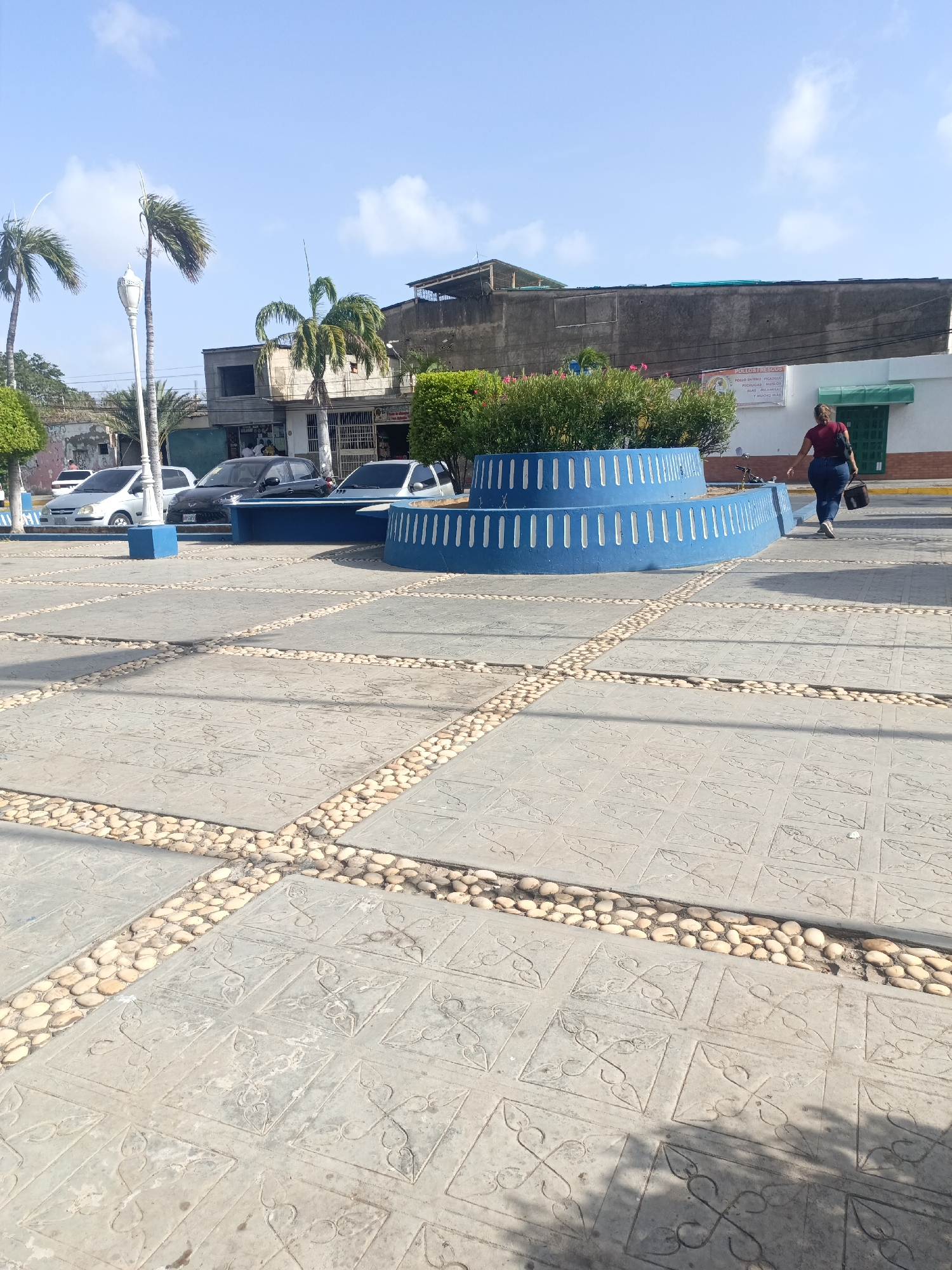 The image depicts a public square in Juan Griego, Venezuela. The square features a patterned concrete surface divided by rows of small, smooth stones. In the center of the square is a two-tiered, circular structure painted bright blue, filled with greenery and flowers.
Several cars are parked behind the structure, suggesting the square is adjacent to a street. To the right, a woman in a red shirt and jeans is walking away from the viewer, carrying a black bag. A building with a white facade and a green door is behind her, displaying signage in Spanish.
Palm trees are scattered throughout the square, and a few light poles are visible. The sky is clear with scattered clouds, suggesting it is daytime. The scene seems quiet and typical of a small town square.