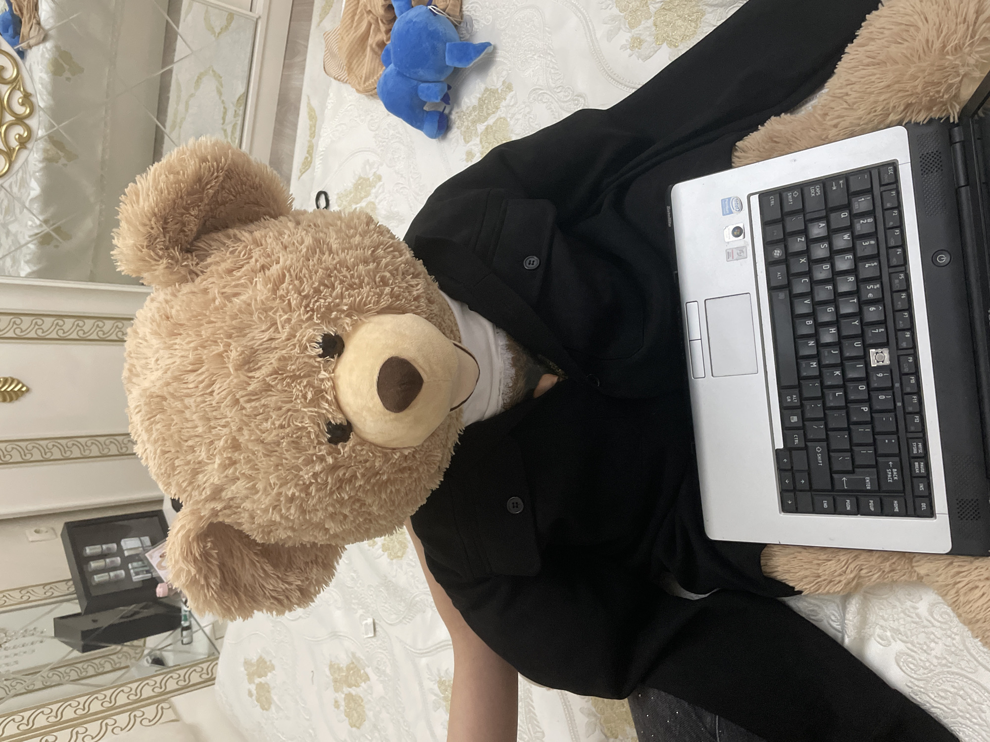 The image displays a light brown, fluffy teddy bear positioned as if interacting with a laptop. The teddy bear has dark button eyes and a brown nose, and is wearing a black jacket or coat, giving it an anthropomorphic appearance. A human arm is visible, supporting the bear from behind, suggesting it is being posed.
In front of the teddy bear is an open, silver and black laptop. Its keyboard is clearly visible with keys such as ESC, SHIFT, CTRL, ALT, CAPS LOCK, TAB, QWERTYUIOP, ASDFGHJKL, ZXCVBNM, ENTER, BACKSPACE, and function keys F1-F12. A "Intel" logo sticker is present on the laptop, and the word "Satellite" is vertically printed on its right side.
The setting appears to be indoors, likely a bedroom, with a white bedspread featuring light gold patterned embroidery. In the background, a mirrored furniture piece, possibly a dresser or headboard, is visible, adorned with ornate gold scrolling details. A black rectangular organizer with multiple compartments is placed on the mirrored surface. A small blue plush toy, resembling a sea creature, is situated on the bedspread near the teddy bear's head. The overall scene suggests a playful and posed setup. The location is Ihtiman, Bulgaria.