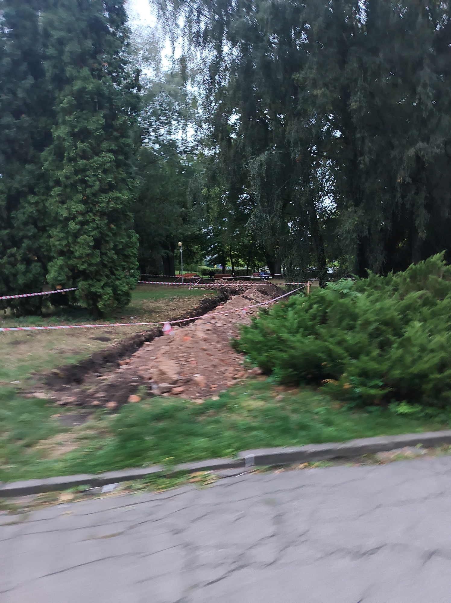 The image depicts a construction site in a park-like setting, possibly Ternopil, Ukraine, with caution tape cordoning off an area where a trench has been dug. Tall evergreen trees and deciduous trees dominate the background, with a paved pathway in the foreground. The trench is filled with disturbed earth and some debris. A few people are visible in the distance, suggesting the park is accessible to the public. The overall scene suggests ongoing outdoor maintenance or construction work in a public green space.