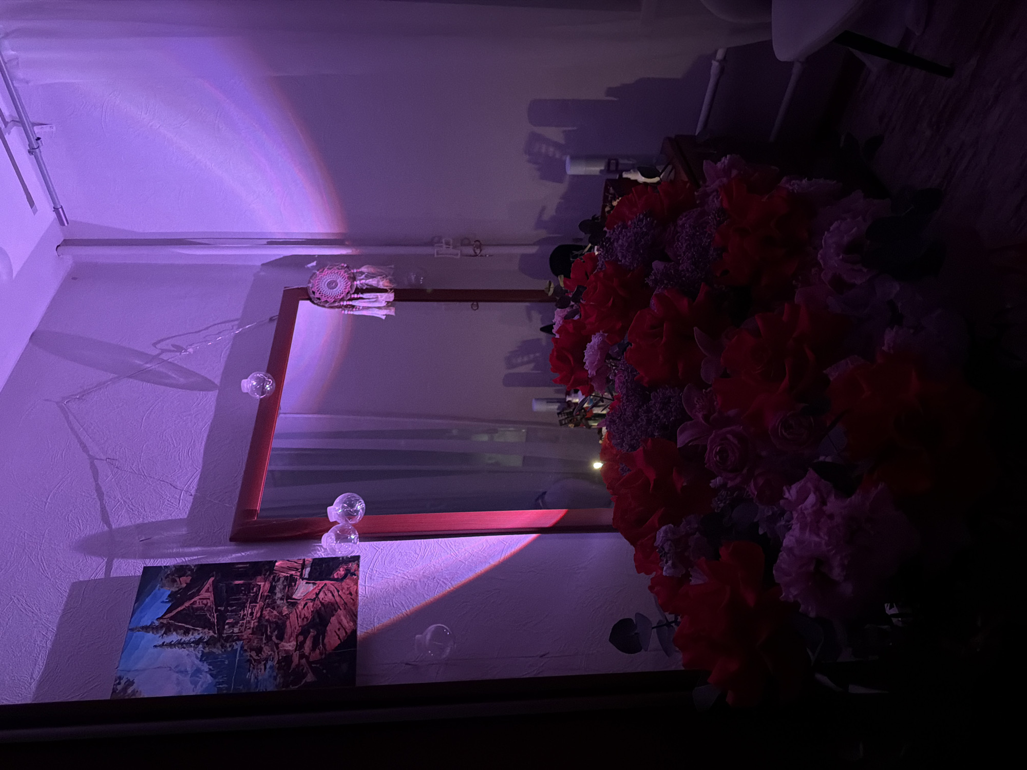 The image shows an indoor scene with purple lighting. On the left, a painting and a framed mirror are visible against a textured wall. A dreamcatcher hangs near the top of the mirror. A large bouquet of red, pink, and white flowers is positioned on the right side of the frame, partially obscuring the scene. The location is unknown, but the prompt requested it to be Moscow, Russia, so the location of the image is Moscow, Russia.