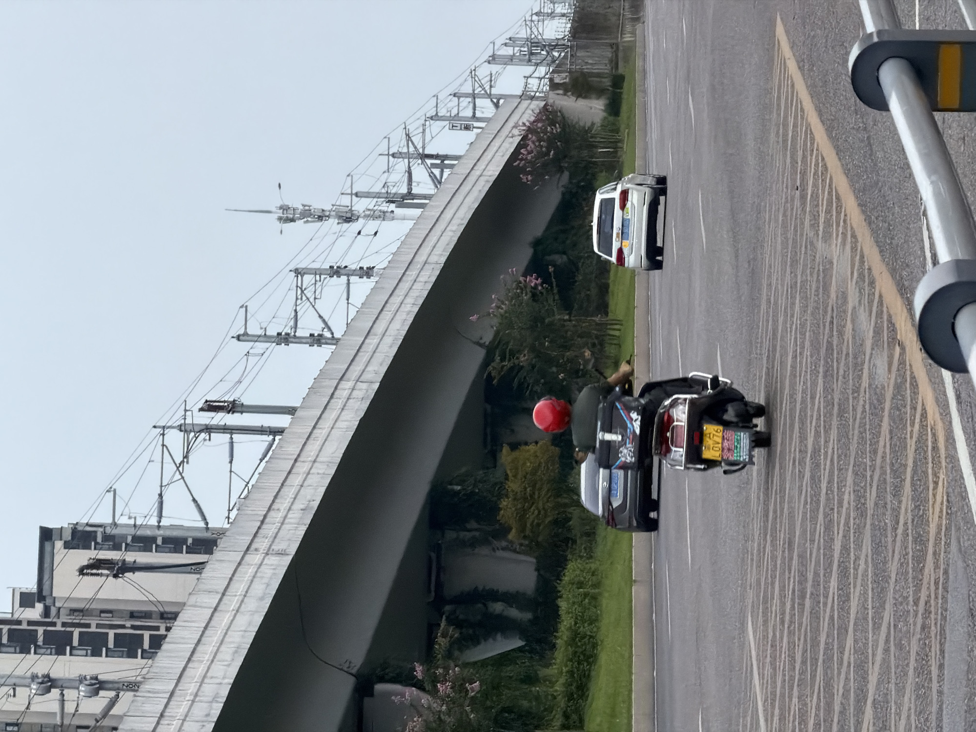A person wearing a red helmet rides a scooter with a black rear storage box and a license plate reading "LOV76" down a multi-lane road. The scooter is in motion, as indicated by the slight blur. A dark-colored car is in front of the scooter, and a white car is further ahead on the right. The road is paved with asphalt and marked with white and yellow lines. An elevated concrete structure, likely a bridge or overpass, arches over the road in the background. Electrical wires and poles are visible above the elevated structure, suggesting proximity to a railway or power lines. Green vegetation, including trees and bushes, lines the side of the road beneath the overpass. Buildings with multiple windows are visible behind the elevated structure. The sky is overcast. The scene appears to be in Jiangjin, China, based on the presence of the scooter and the license plate style.