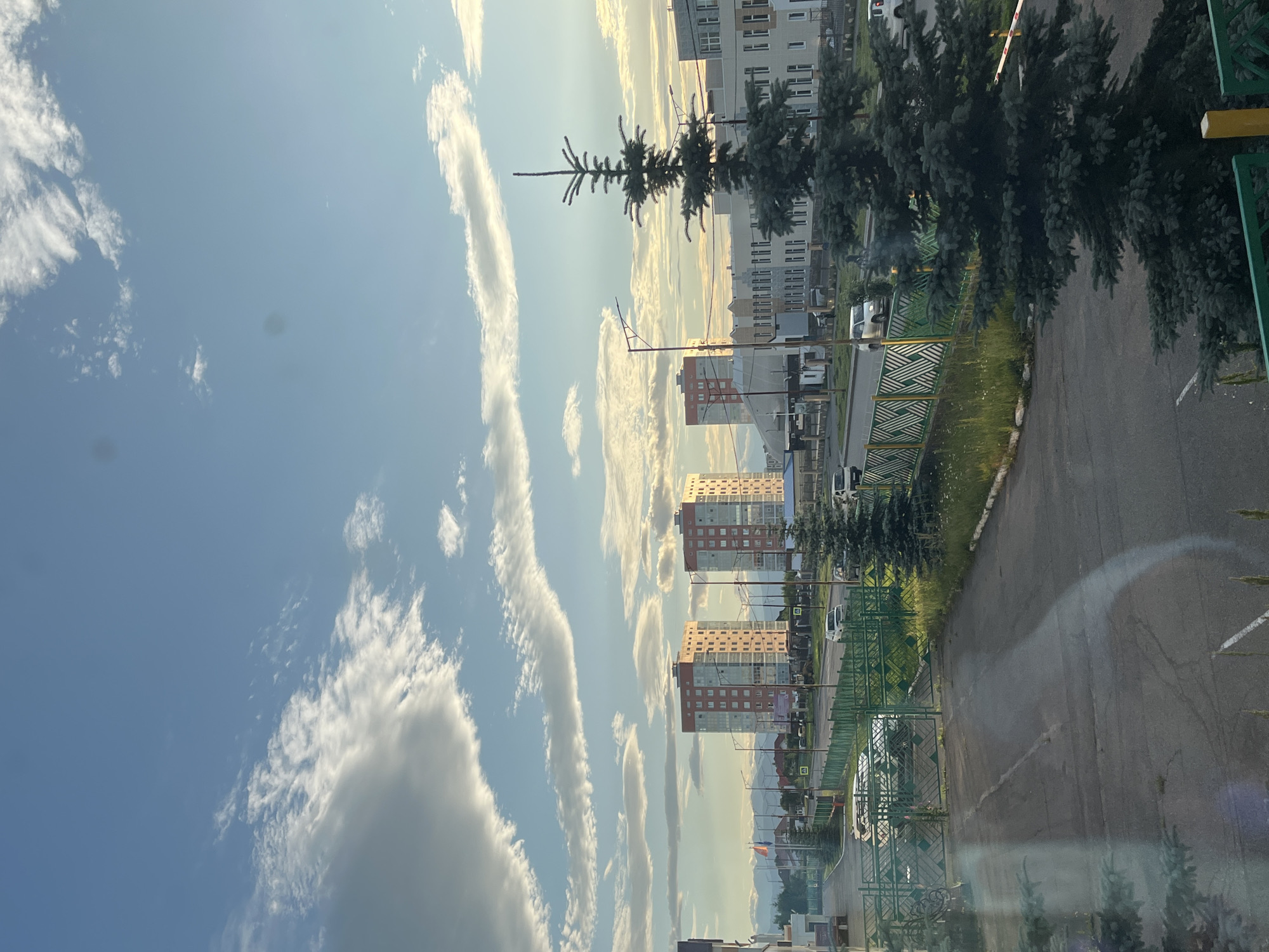 The image depicts an urban street scene in Petropavlovsk-Kamchatsky, Russia, likely during late afternoon or early evening, given the warm sunlight and long shadows. The foreground is dominated by an asphalt area with two large evergreen trees on the right and left, partially obscuring the view. A green metal fence with a diamond pattern runs horizontally across the mid-ground, separating the foreground from the street.
Beyond the fence, a paved road stretches into the distance, lined with streetlights and bordered by grass and scattered wildflowers. Several vehicles are visible on the road, including white cars and vans. In the middle ground, two prominent multi-story buildings with orange facades and numerous windows stand out, their reflective surfaces catching the sunlight. Behind these buildings, other structures with lighter-colored facades are visible, some appearing to be institutional or educational buildings. The background features a range of mountains, their outlines softened by the distance and atmospheric haze. The sky is a clear blue with wispy white clouds scattered across it, some illuminated by the setting sun. There are no people clearly visible in the image.