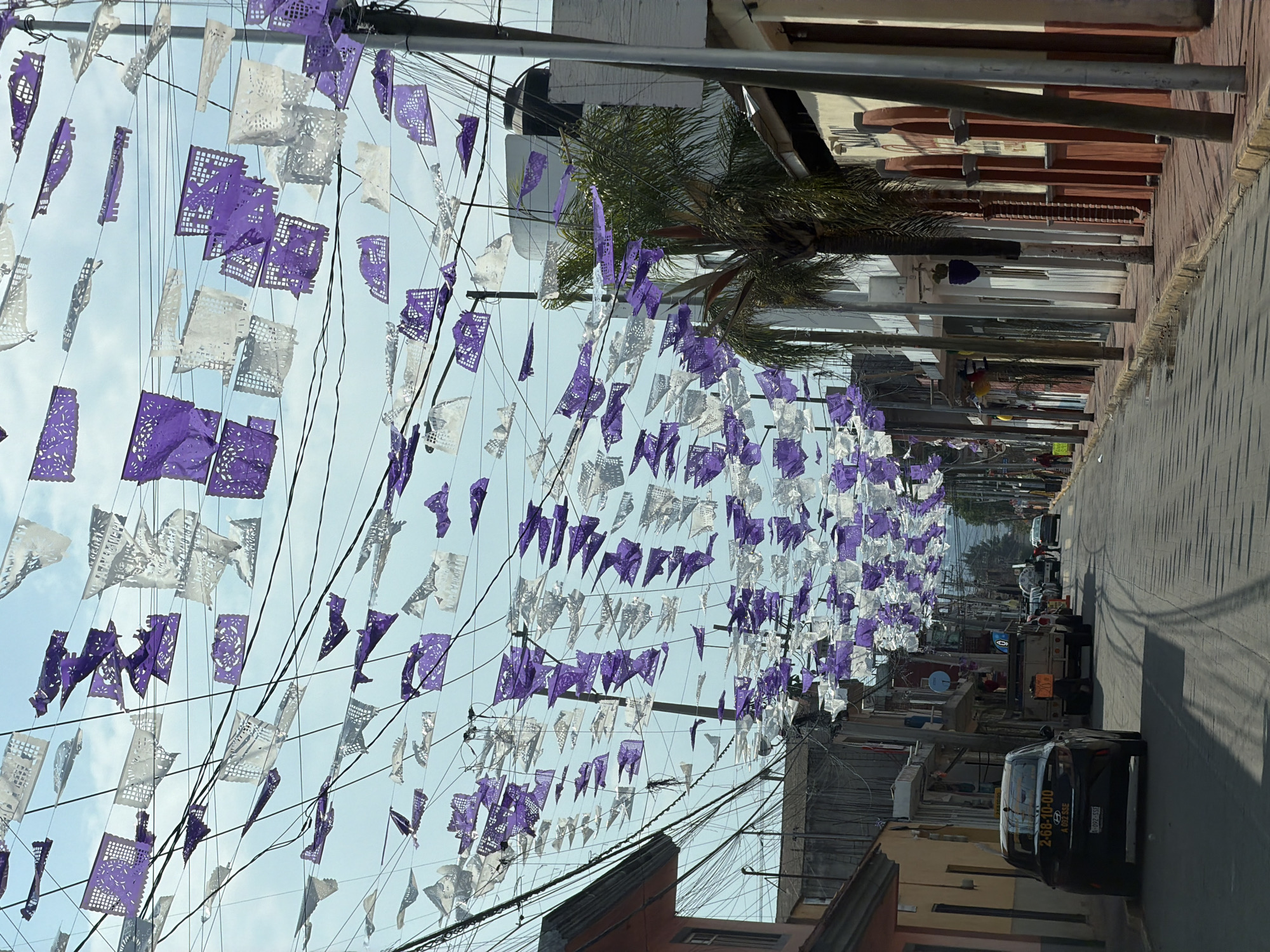The image shows a street in San Andrés Cholula, Mexico, decorated with hanging Papel Picado banners in white and purple. Banners are strung across the street above traffic. The banners are suspended across the street on metal cables running from building to building. The street is paved and has sidewalks along both sides. Buildings of various colors and designs line the street. Cars and a small truck are visible driving on the street. A palm tree is visible on the right side of the street. Overhead power and cable lines are also visible. The sky is light blue with scattered clouds.