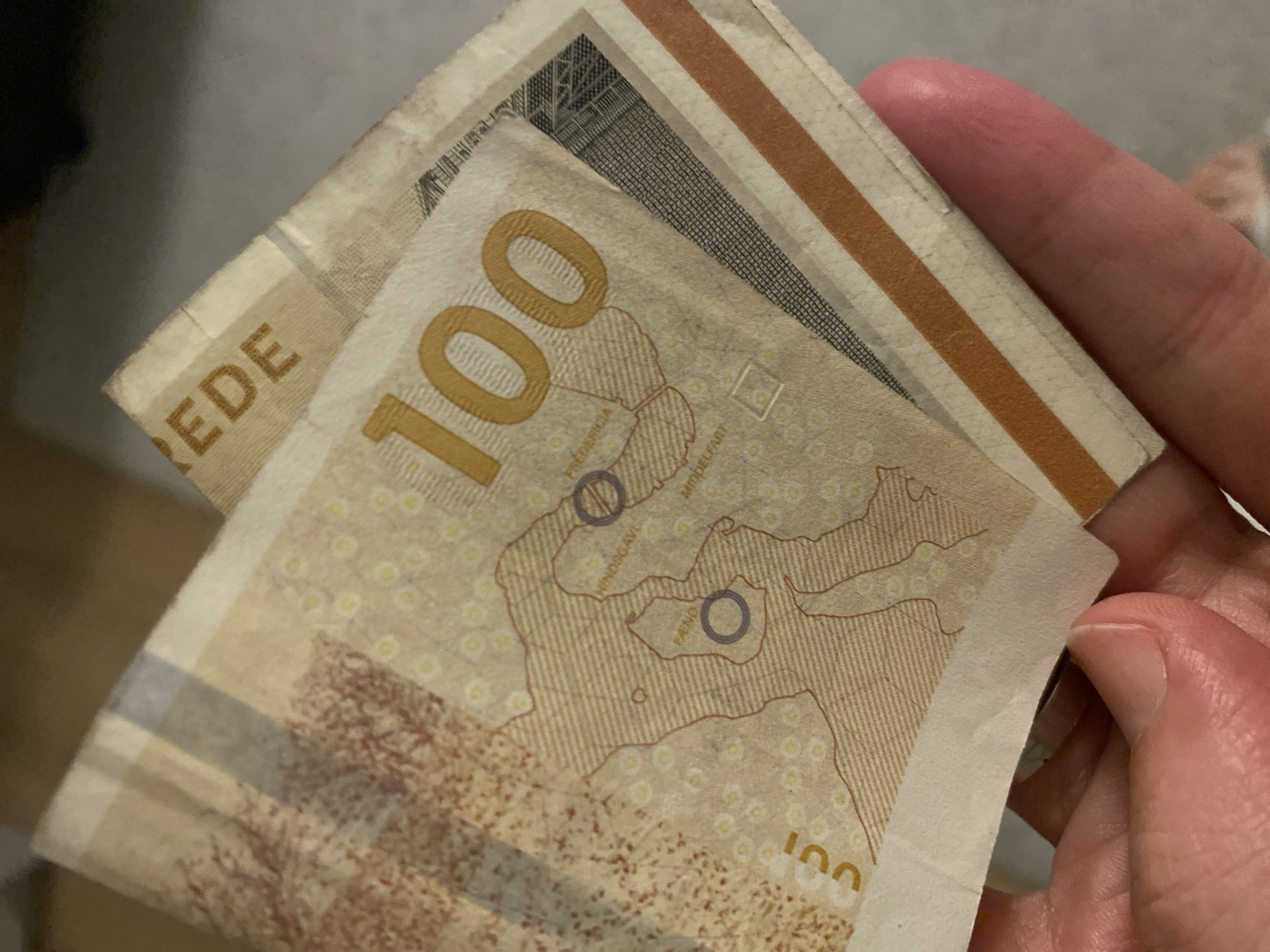 The image shows a hand holding two Danish banknotes. The visible banknote has the number "100" printed prominently on it, along with a map-like design and text including "FREDERICIA", "HINDSGAVL", "FAENO", and "MIDDELFART". The top edge of another banknote is visible, with the word "REDE" printed on it. The banknotes appear to be made of polymer. The context of Herning, Denmark is not visually present in the image.