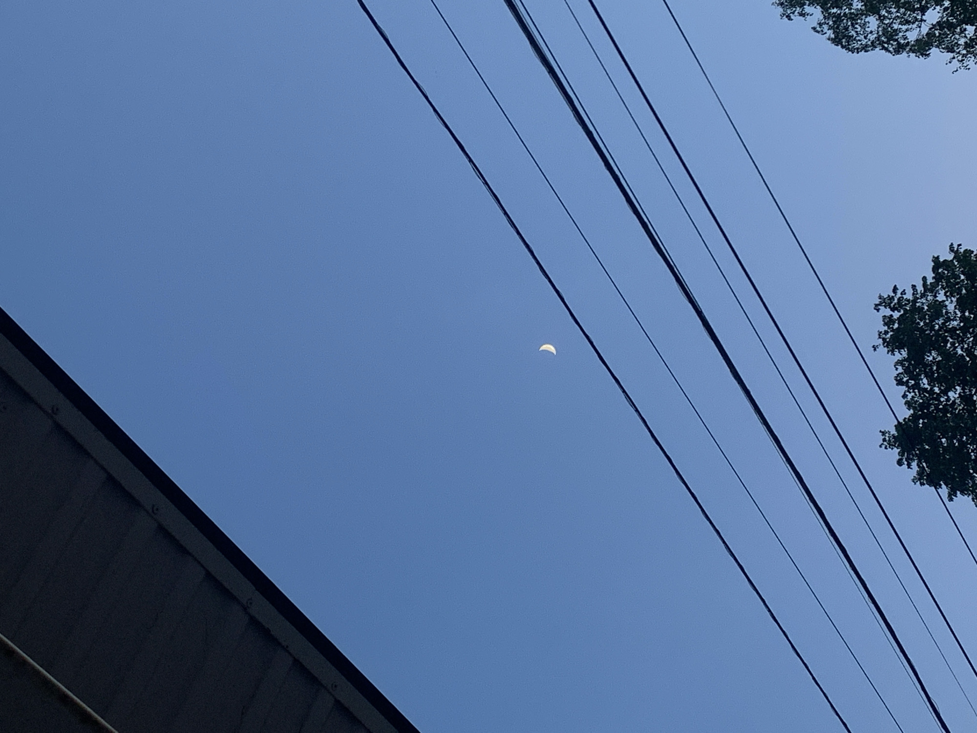 The image shows a view of the sky in Фоки, Russia, with a crescent moon visible. Power lines diagonally cross the frame from upper right to mid-left. The corner of a building is in the lower left, and foliage is in the upper right corner. The sky is a light blue color. No people are visible.