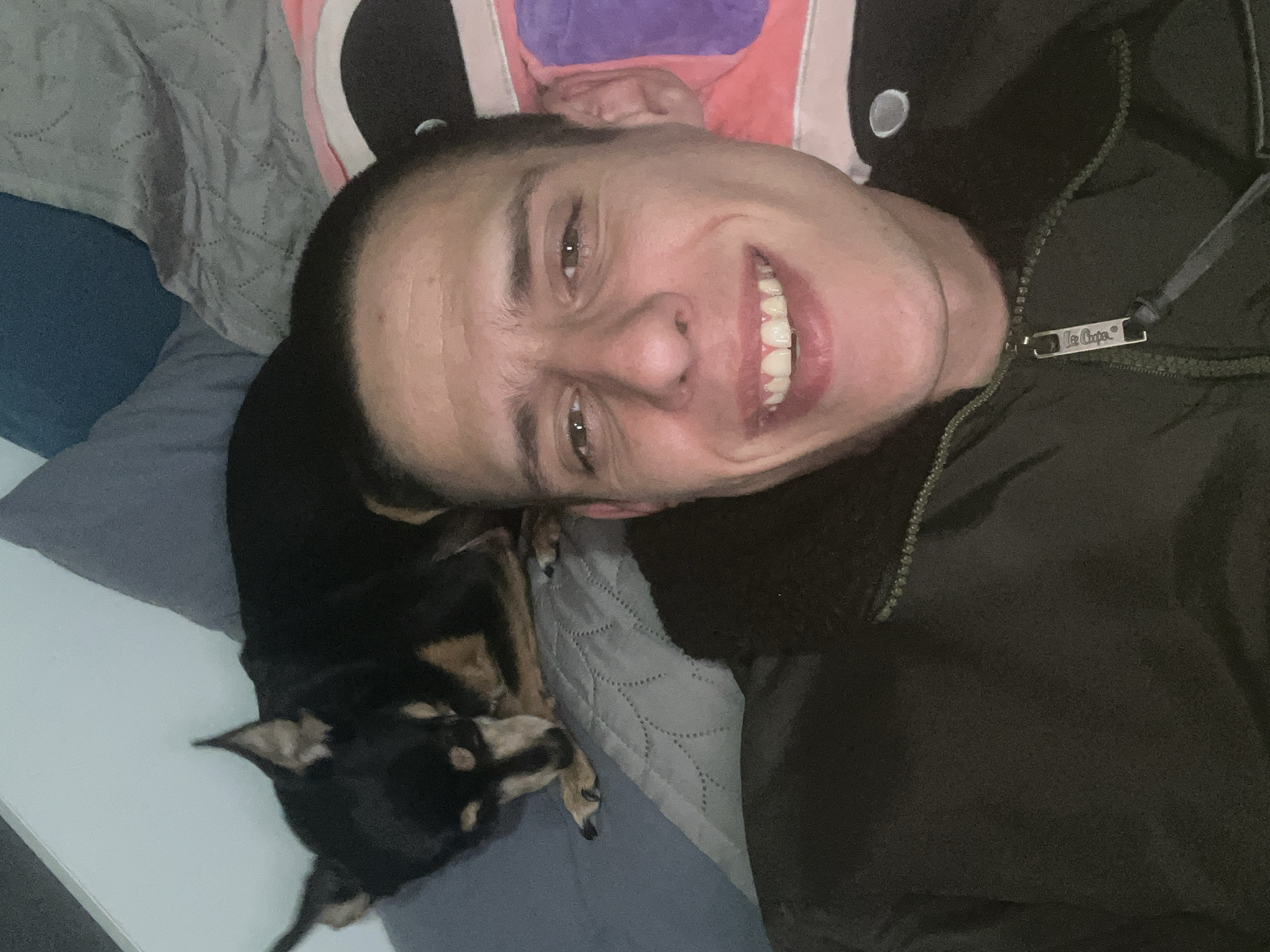 An overhead shot captures a young man and a small dog resting together indoors. The man, with short dark hair and fair skin, is seen from the chest up, lying on his back with his head tilted towards the left side of the frame. He is smiling widely, showing his teeth, and appears happy and content. He wears a dark, possibly olive green, jacket with a zipper. A metal zipper pull clearly displays the text "Lee Cooper."
Next to him, positioned lower and to the left, is a small dog with black and tan markings, resembling a Miniature Pinscher or similar breed. The dog is lying down, with its head facing away from the camera, and appears relaxed or sleeping.
The setting is an indoor space, likely a bed or sofa. Various bedding items are visible: a light grey textured blanket or quilt, a darker blue fabric beneath it, and a colorful pillow (pink, purple, black, and white sections) partially seen behind the man's head. The lighting is consistent with indoor artificial light. There are no specific visual cues within the image itself to indicate its location, however, it is provided that the context is Sofia, Bulgaria.