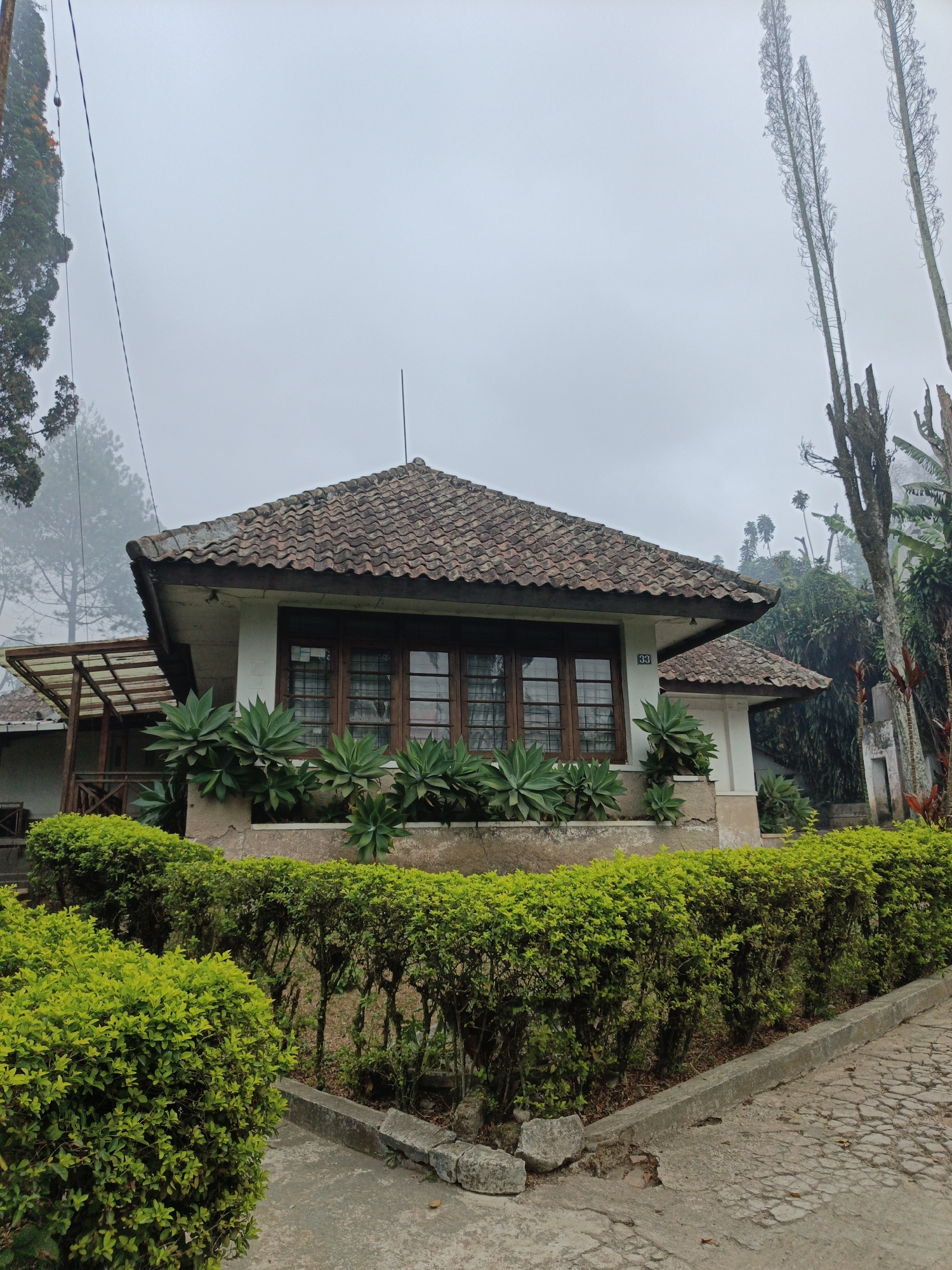 The image depicts a building with a red tiled roof, surrounded by lush green bushes and some tall, slender trees. The building has large, wooden-framed windows and is situated in what appears to be a residential area in Cibogo, Indonesia. The sky is overcast, suggesting a cloudy or misty day. A paved path leads up to the building, and there are some rocks and debris scattered along the path and the edge of the bushes. The overall scene is one of a quiet, possibly rural, setting.