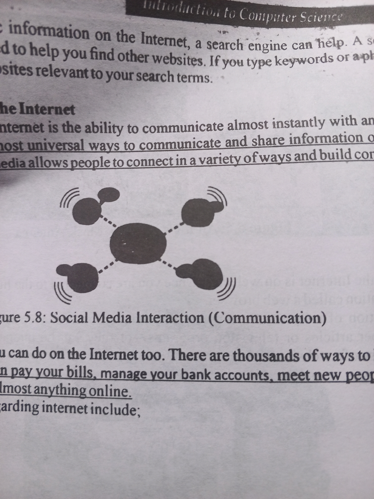 This media file contains a photograph of a page from a textbook titled "Introduction to Computer Science." The page discusses the Internet and social media interaction.
The main subject is text, with some illustration. The text is in black ink on a white background, with some lines underlined for emphasis. The illustration depicts a diagram of interconnected nodes, representing social media interaction or communication. The nodes are depicted as circles with radiating lines, suggesting activity or connection.
The text discusses how the Internet allows for instant communication and sharing of information, and how social media enables people to connect in various ways. It also lists activities one can do online, such as paying bills, managing bank accounts, and meeting new people. The diagram in Figure 5.8 is labeled as "Social Media Interaction (Communication)."
There are no discernible location cues beyond it being a page from a textbook. The time of day, weather, and emotions are not depicted or relevant to the content. The text itself is the primary detail of interest.
