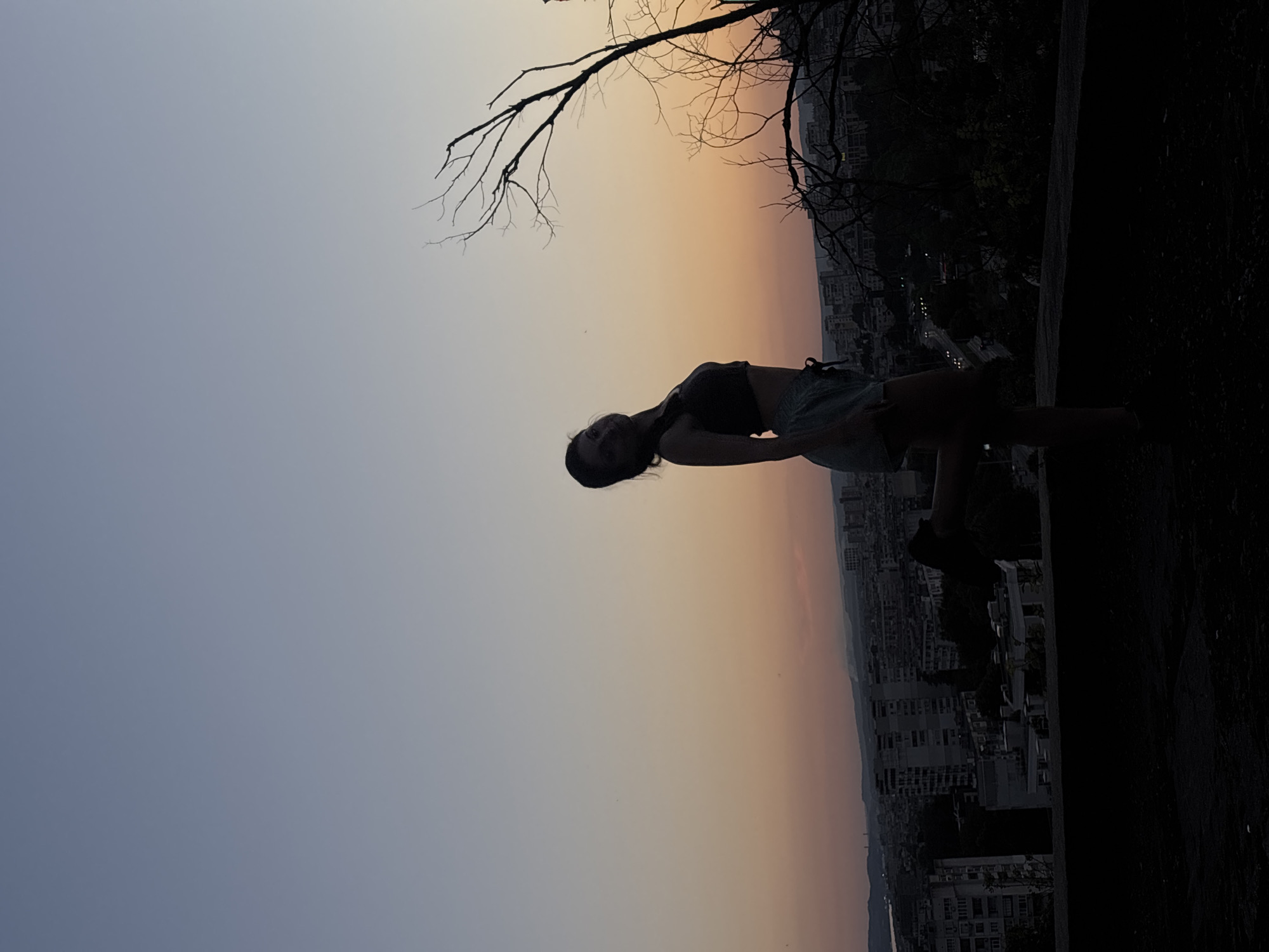A young woman is silhouetted against a dusky sky in Varna, Bulgaria. She stands on a raised platform, possibly a viewpoint or building, with the city spread out below. Her pose is dynamic, with one leg bent and raised, and her torso twisted. She is wearing a dark crop top and light-colored shorts. A bare tree branch extends from the right side of the frame, adding to the atmospheric composition. The sky transitions from a pale blue at the top to soft oranges and pinks near the horizon, indicating either sunrise or sunset. The city lights are beginning to twinkle, suggesting the approach of evening. The background features the architecture of Varna, with various buildings and a distant hilly landscape.
