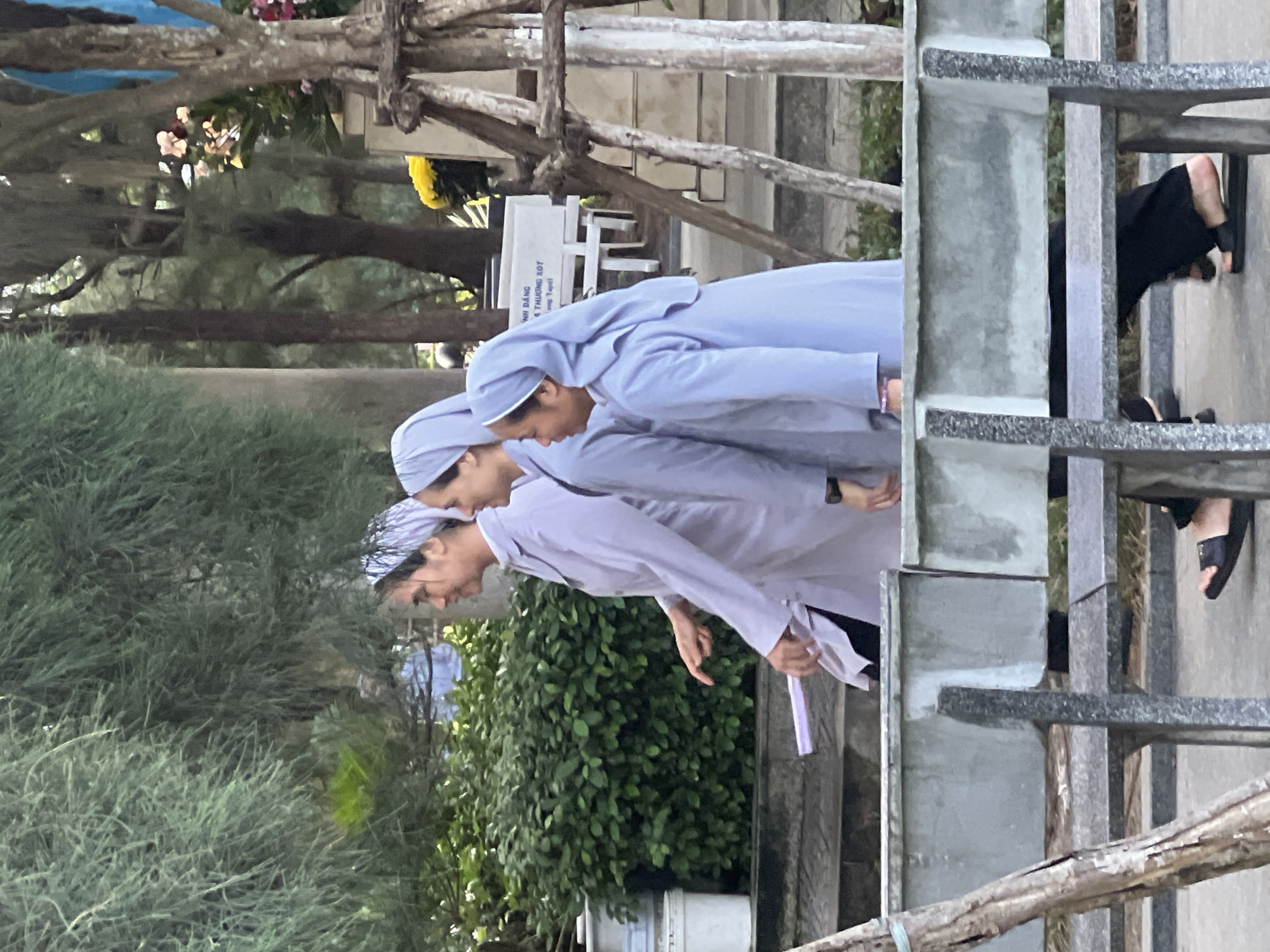 The image captures three individuals, likely nuns, walking from left to right in a park setting, possibly within the grounds of the Catholic Church of the Sacred Heart of Jesus in Đà Nẵng, Vietnam. They are all wearing light purple habits and head coverings. The person in the front left is wearing a white shirt beneath their habit and is holding a thin, light purple object in their left hand. The person in the middle is wearing a habit that appears slightly different in shade from the others and has a bracelet on their left wrist. The person on the right is also wearing a light purple habit and black pants, with black sandals on their feet. They are walking on a paved path. Behind them, there are dense green bushes and trees, with a white bench visible in the background. The overall environment suggests an outdoor, public space with some greenery and man-made structures.
