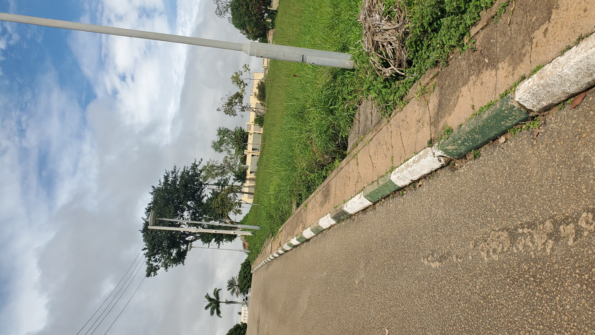 The image shows a paved road with a green and white painted curb on the right side, leading uphill. Adjacent to the curb is a grassy embankment with some dry branches and vegetation at the bottom. A light pole stands on the right side of the embankment. In the background, there is a line of trees and some buildings, along with utility poles and wires. A palm tree is visible further up the road to the left. The sky is partly cloudy. This scene appears to be an outdoor environment, possibly a street or park area in Jos, Nigeria, characterized by its landscaping and infrastructure.