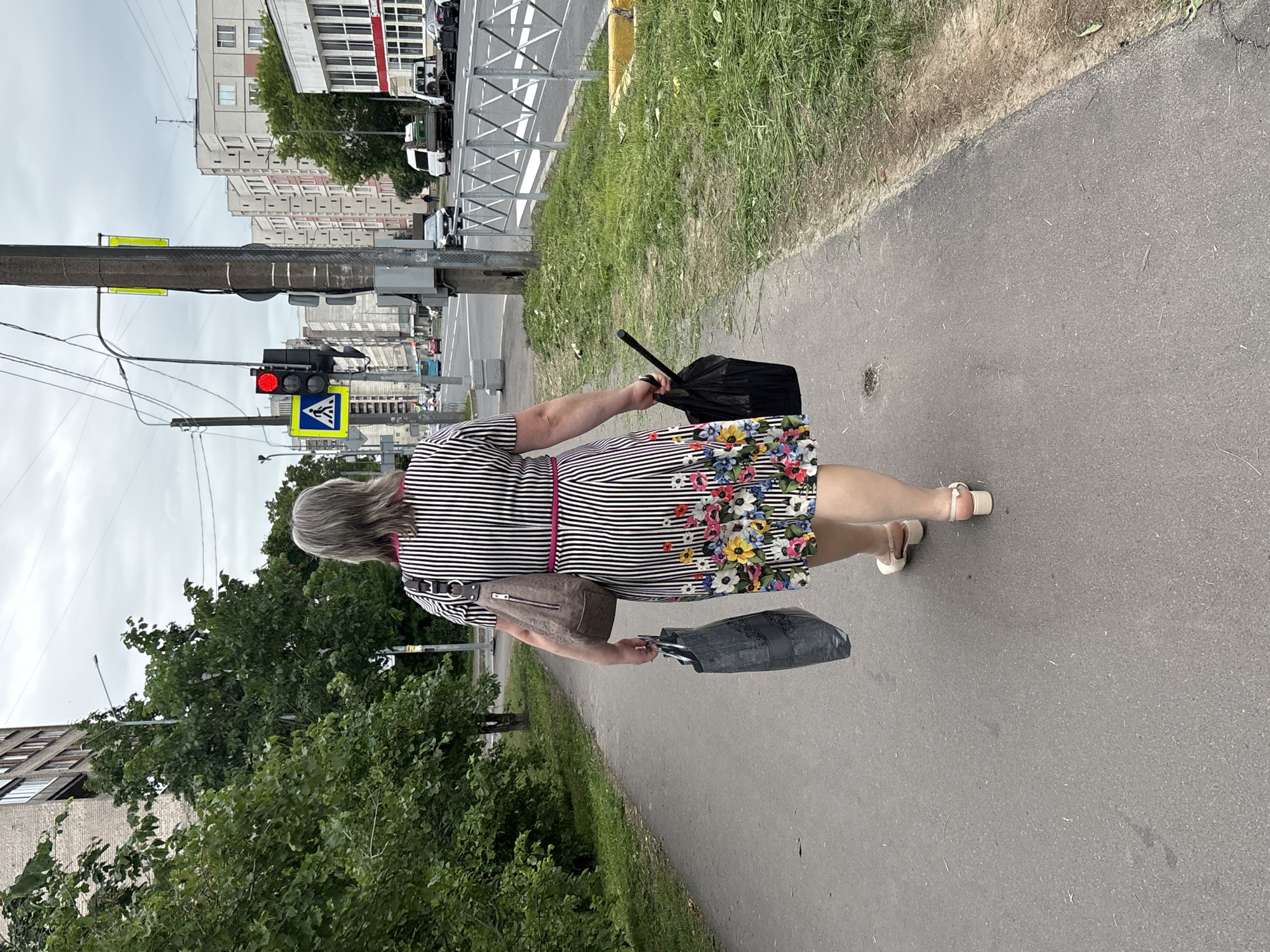 A woman walks away from the camera on a sidewalk in Shushary, Russia. She has gray hair and is wearing a black and white striped dress with a floral print at the hem. She is carrying a brown purse over her left shoulder and a black shopping bag in her left hand, and a black umbrella in her right hand. The sidewalk is paved and borders a grassy area. Across the street, there are buildings, traffic lights, cars, and a white fence. The sky is overcast.