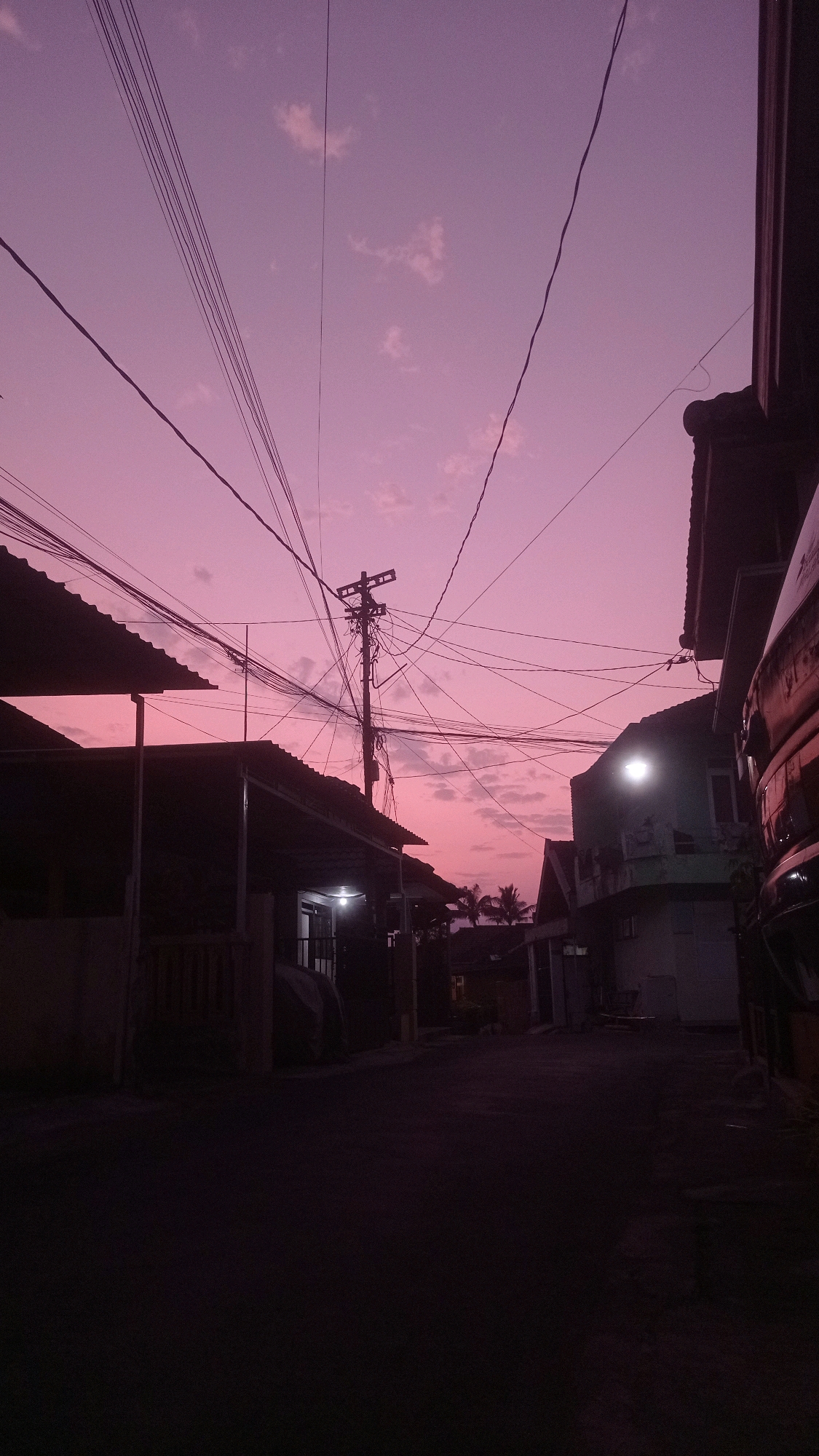 The image depicts a street scene in Mulyoagung, Indonesia during twilight. The sky is a vibrant shade of pink and purple, with scattered clouds. A prominent telephone pole, laden with a dense network of electrical wires, stands in the center of the frame. On the left, a low-rise building with a corrugated metal roof is visible, its entrance illuminated by a single light. To the right, another building is partially visible, also featuring an illuminated window. The street itself is paved and appears dark, suggesting low light conditions. In the foreground, the street is mostly in shadow. Silhouetted palm trees can be seen in the background. The scene is devoid of any people.