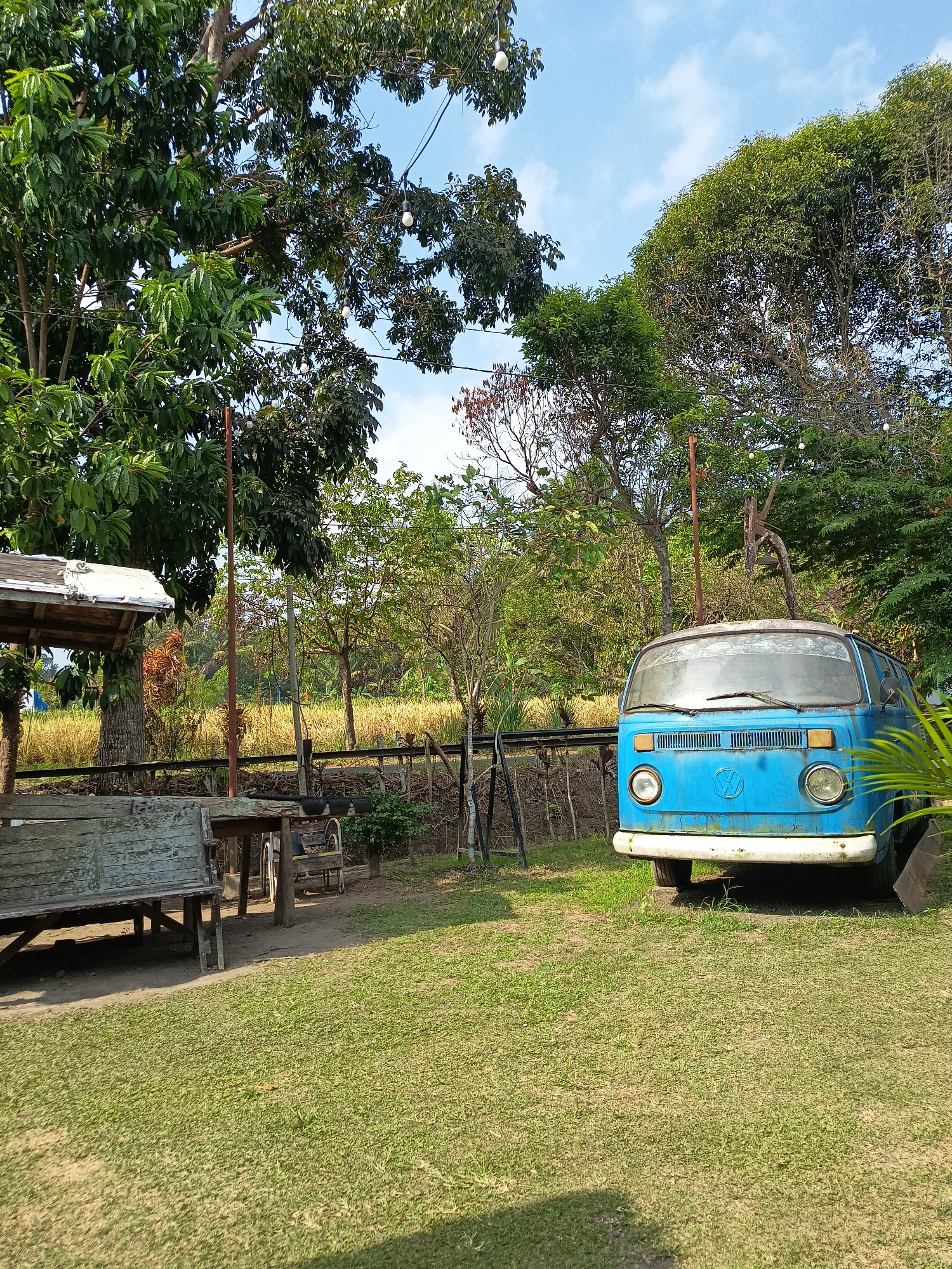 The image depicts an outdoor scene in Sleman, Indonesia, with a vintage blue Volkswagen van parked on a grassy area. The van, which appears weathered and slightly faded, is the focal point on the right side of the frame. In the background, there is a lush, green environment with various trees and vegetation. A wooden bench is situated to the left of the van, contributing to a rustic ambiance. The sky above is blue with scattered white clouds, indicating a clear day. The scene appears to be a tranquil, possibly rural, setting within Sleman.