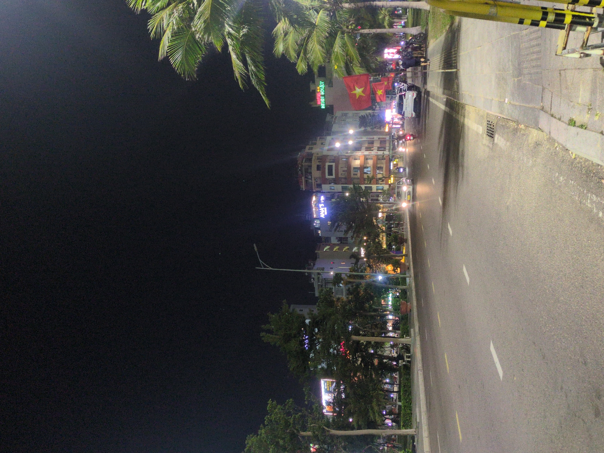 This is a night scene in Quy Nhon Ward, Vietnam. A long, straight road with dashed white and yellow lines runs through the image, with palm trees lining the left side. Buildings illuminated with lights are visible in the distance, and Vietnamese flags are prominently displayed. Vehicles, including cars and motorcycles, are on the road. Streetlights and signs contribute to the urban nightscape. The right side of the image shows a sidewalk. The night sky dominates the left portion of the image.