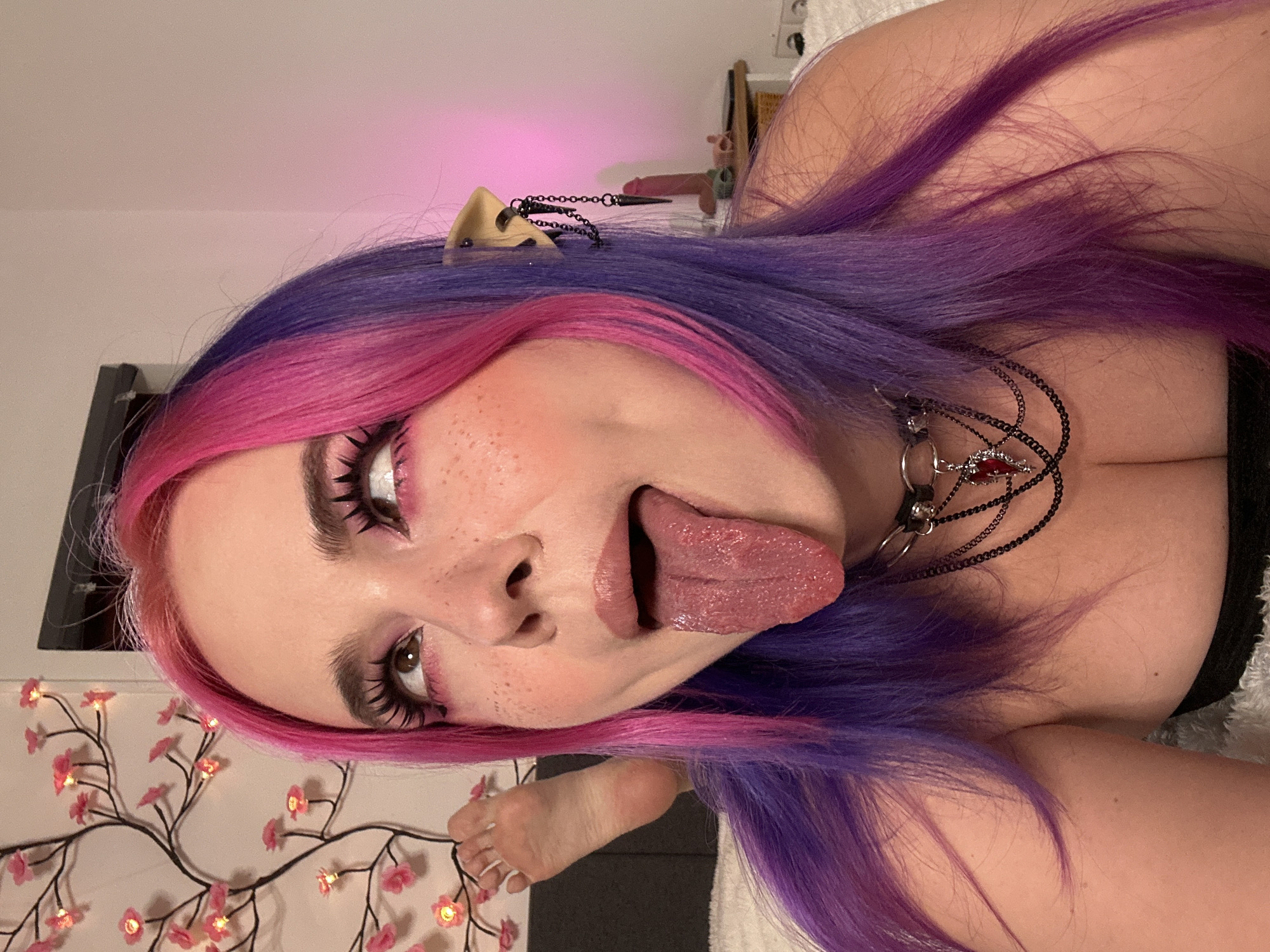 A woman with pink and purple hair, wearing elf ears and a studded choker, is lying on a bed. She is sticking out her tongue. Her right foot is visible in the lower left corner of the image. There is a lighted cherry blossom branch in the lower left corner. The image appears to have been taken indoors with a close-up, angled view. There is no indication of the location being in City of Zagreb, Croatia.