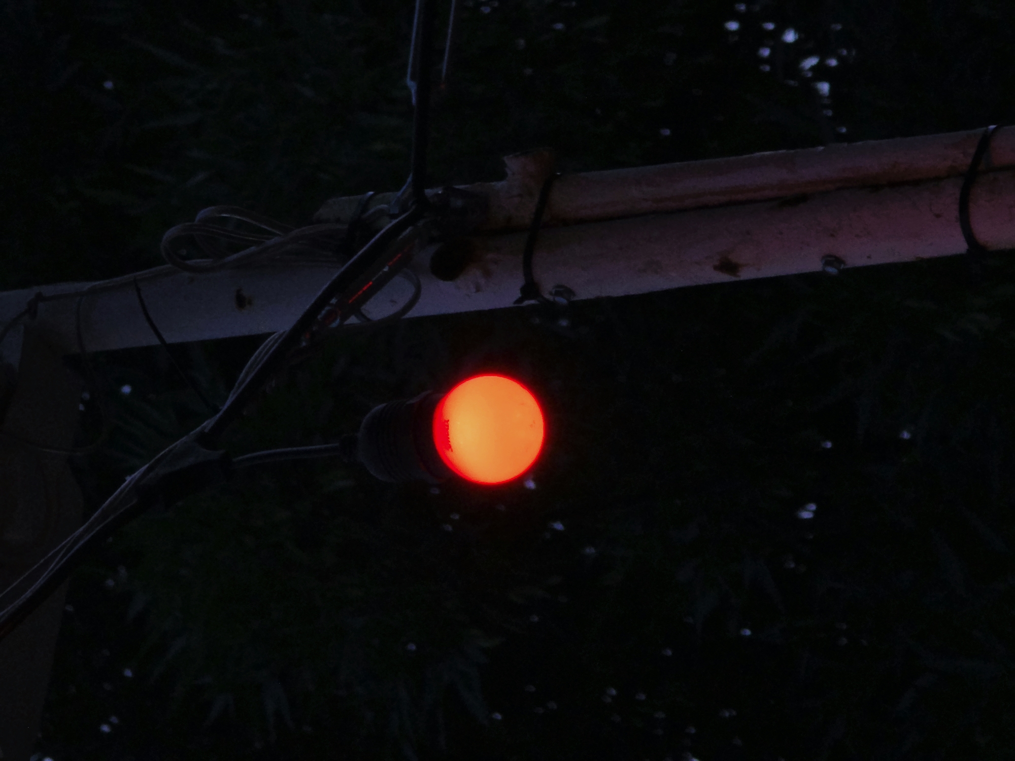 A single, illuminated red lightbulb hangs from wires attached to a utility pole. The bulb is round and glows a bright orange-red. The pole appears to be made of concrete and has black straps wrapped around it. Several electrical wires are visible, running above and around the pole. The background is dark, with the suggestion of trees or foliage and some faint white speckles that could be distant lights or rain. The scene is dark and appears to be set at dusk or night. The location is Varna, Bulgaria.