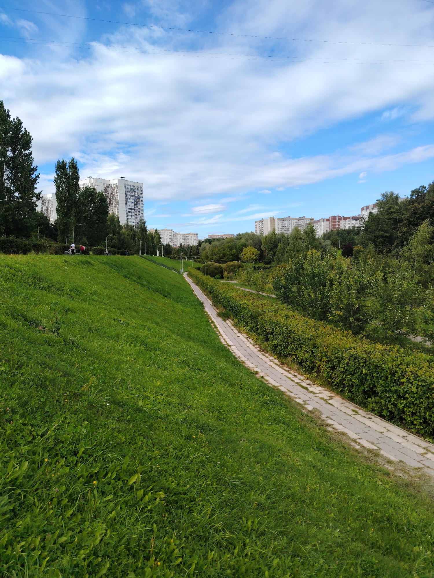 A paved pathway runs through a park in Zelenograd, Russia, bordered by a neatly trimmed hedge on one side and a grassy, sloped lawn on the other. In the background, tall apartment buildings rise above a line of trees, under a bright blue sky with scattered white clouds. A few people can be seen on the pathway, including one pushing a stroller. Streetlights are visible along the pathway, indicating a public park area.