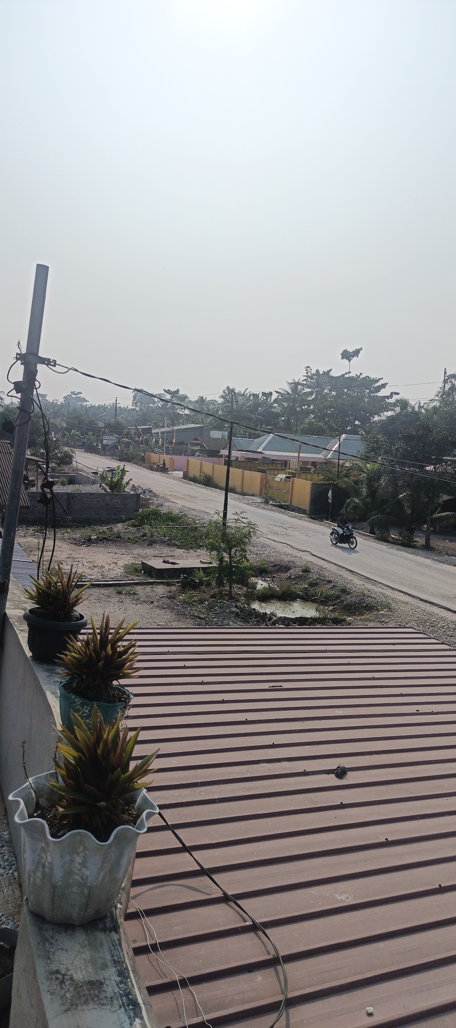The image depicts a daytime street scene in Negeri Lama, Indonesia. The foreground is dominated by a corrugated metal roof with a reddish-brown hue, lined with horizontal ribs. To the left, a concrete ledge supports three potted plants with spiky, green and yellow foliage. Electrical wires run across the scene, connecting to a utility pole visible on the left. Beyond the roof, a paved road curves through a semi-urban environment. A lone motorcyclist is visible on the road. Houses with various colored roofs and walls are situated along the roadside, some enclosed by yellow fences. Trees, including palm trees, are scattered throughout the landscape, creating a tropical atmosphere. The sky is a hazy, pale blue, suggesting a bright but possibly humid day. The overall impression is of a quiet residential street in a tropical climate.