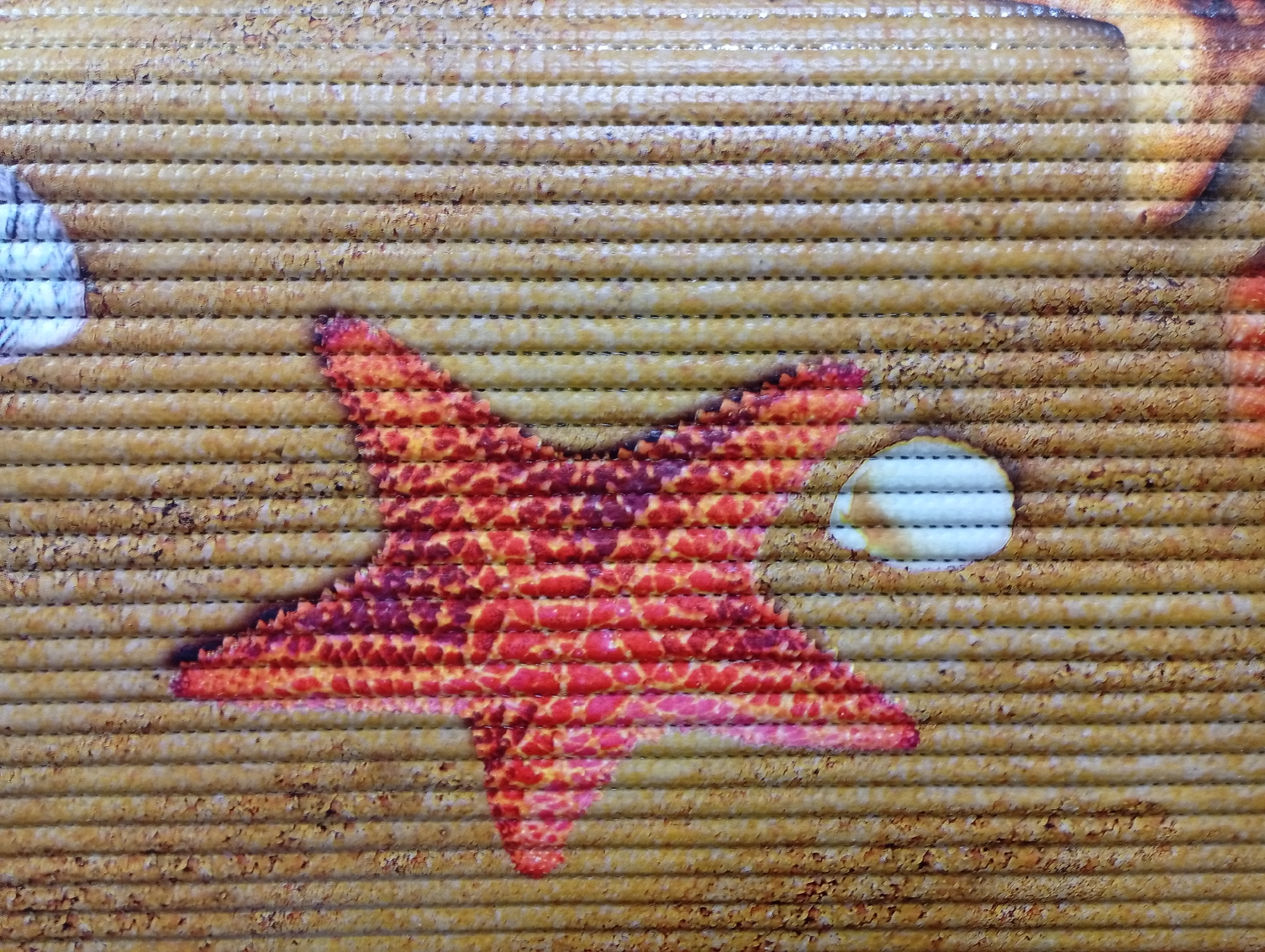 The image displays a close-up view of a textured surface resembling sand with embedded objects. A prominent red starfish is centrally located, its arms spread outwards. To the left of the starfish, a portion of a white seashell is visible. To the right of the starfish, a small, oval, white object with horizontal lines, possibly another seashell or a representation of a pearl, is present. The background consists of parallel horizontal lines creating a ribbed texture, colored in shades of tan and brown, suggesting a sandy environment. The overall impression is a decorative pattern or a depiction of a beach scene. The image does not contain any information that could be used to determine its location in the city of Borovichi, Russia.