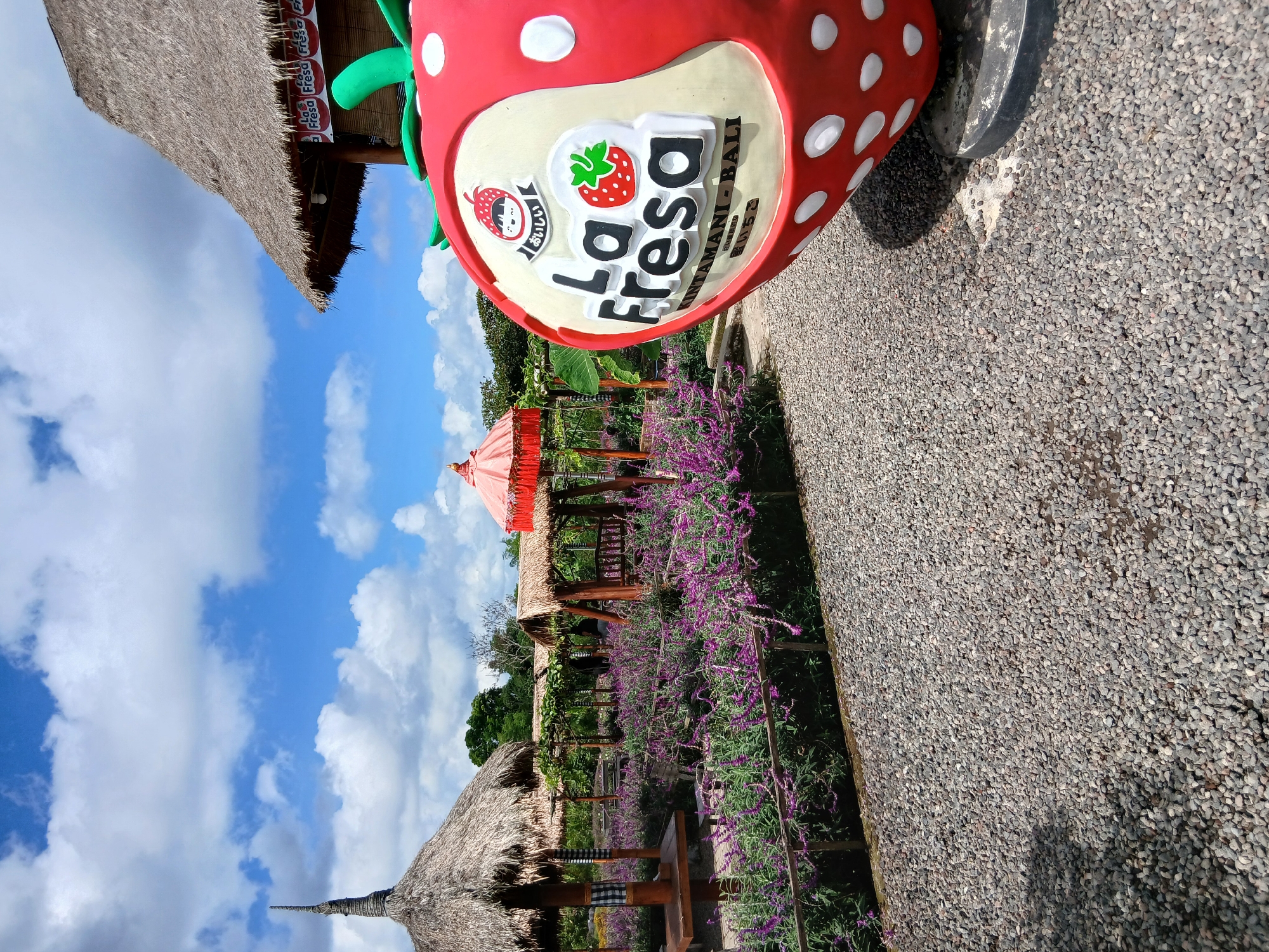 In Kintamani, Bali, Indonesia, a large, red, strawberry-shaped sculpture with white polka dots stands prominently in the foreground. The sculpture features a sign that reads "La Fresa," and below it, "KINTAMANI - BALI." The background reveals a lush garden with rows of vibrant purple flowers. Several thatched-roof gazebos, some with swing seats, are scattered throughout the garden, offering shaded seating areas. The sky above is a clear blue with scattered white clouds. The ground is covered in small, grey gravel. The scene depicts an outdoor attraction, likely a cafe or tourist spot, capitalizing on the local strawberry-growing region.