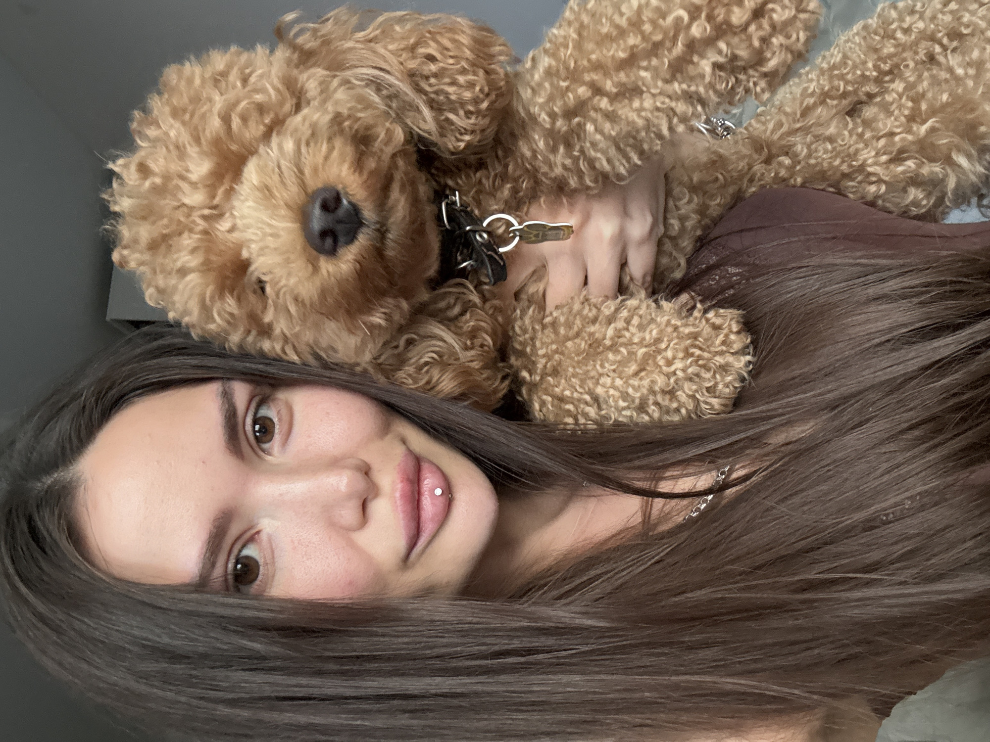 A young woman with long, dark brown hair and brown eyes is taking a selfie with a light brown poodle. The woman is wearing a brown top and a silver chain necklace. She has a lip piercing. The poodle is wearing a black collar with a silver tag. The background is a plain gray wall. The image appears to have been taken indoors. There is no discernible information in the image to suggest the location is in Novosergievka, Russia.