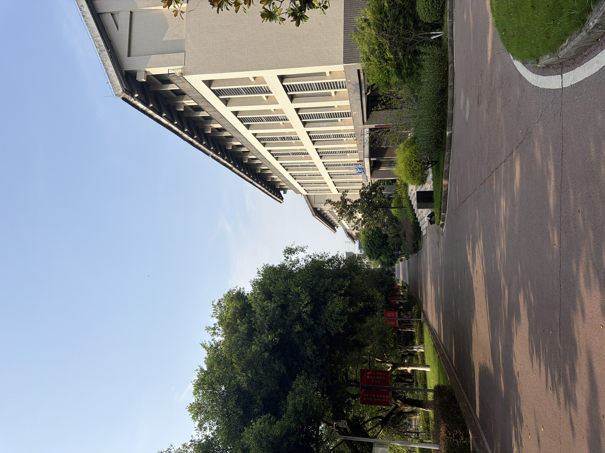 The image depicts a sunlit pathway leading into the distance, bordered on the left by a dense canopy of mature trees and on the right by a modern, multi-story building. The pathway is paved with asphalt and appears to be a road or a wide pedestrian walkway. Red banners are suspended from lampposts along the left side of the path, featuring Chinese characters. The building on the right is constructed with light-colored brick and features a repetitive pattern of tall, narrow windows. Greenery, including manicured bushes and trees, surrounds the building. The sky is a clear, light blue, indicating daytime. The overall scene suggests a campus or park-like environment, potentially part of an educational institution or a well-maintained public space. The location is identified as Jiangjin, China, a district within the municipality of Chongqing. There are no people visible in the image.