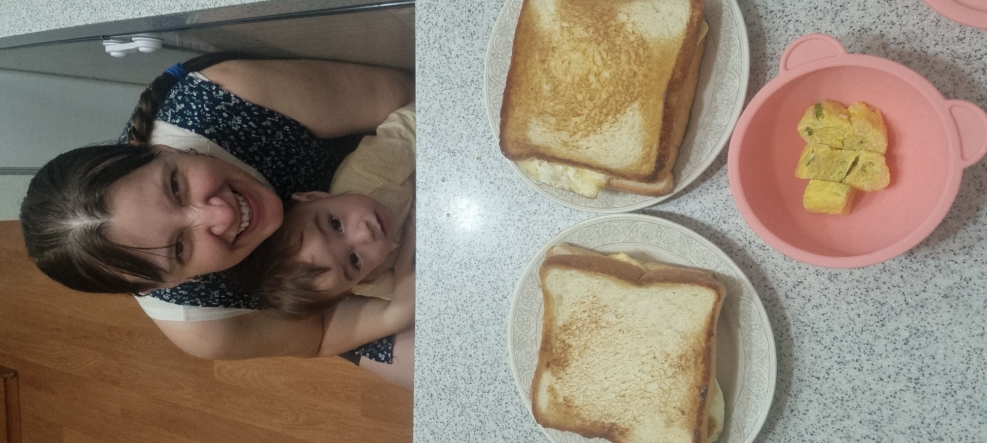 The image shows two distinct scenes side-by-side. On the left, a woman and a young child are close together, appearing to pose for a selfie or photo. The woman is smiling at the camera. On the right, two plates are each holding a sandwich, and a pink bear-shaped bowl contains cut pieces of an omelet. The items are arranged on a counter. It is not possible to verify the location of Dunnae-myeon, South Korea, within the image.