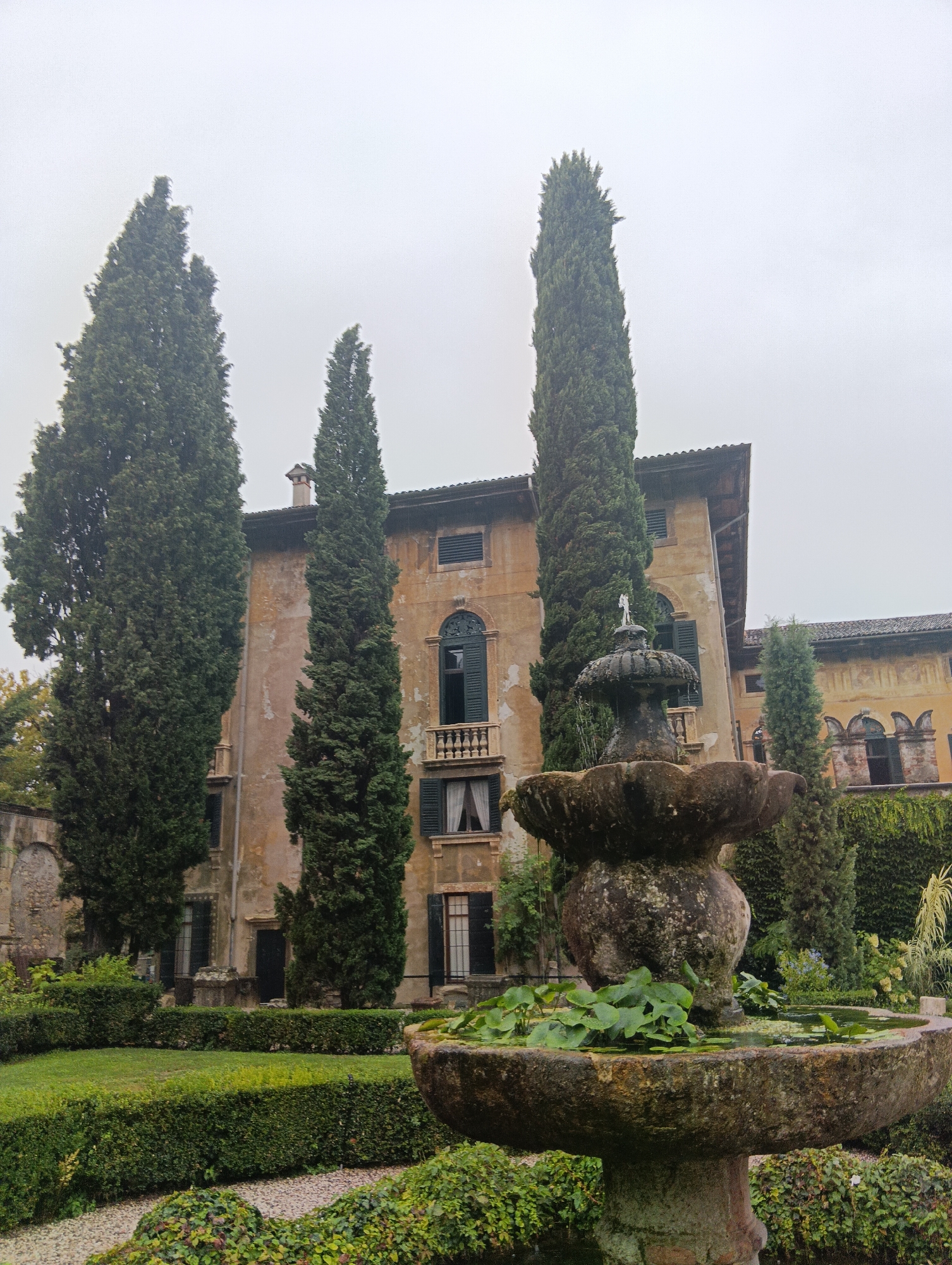 This is a ground-level, eye-level, medium shot of a stone fountain in the foreground of a courtyard in Verona, Italy. The fountain is round and filled with water and lily pads. Behind the fountain, a building with a tan facade and dark shutters is visible. Tall, slender cypress trees flank the building. The sky is overcast.