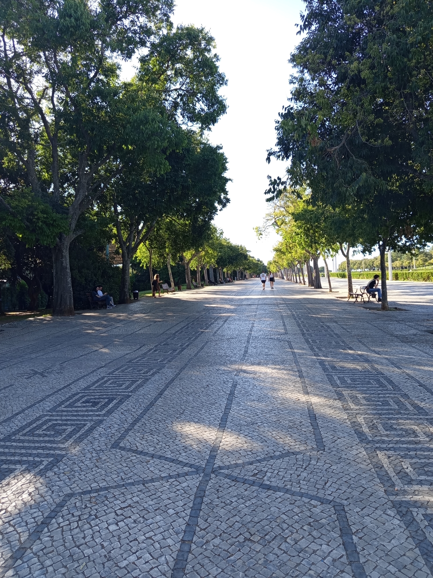 The image depicts a wide, tree-lined promenade paved with cobblestones arranged in a geometric pattern. The promenade is bathed in sunlight, casting shadows from the trees onto the ground. Several people are visible, some sitting on benches and others walking or standing. On the left side of the promenade, two people are seated on a bench under the shade of a large tree. Further down the promenade, a woman stands near a bench, and two people are walking away from the camera. On the right side, a person is sitting on a bench. The trees are lush and green, creating a pleasant, shaded atmosphere. In the background, more trees and a clear sky are visible. The scene suggests a public park or a similar recreational area in a city. The geometric pattern of the paving stones, particularly the black and white inlay, is a distinctive feature. This promenade is identified as the Alameda dos Oceanos in the Parque das Nações (Park of Nations) district of Lisbon, Portugal, an area developed for the 1998 Lisbon World Exposition.