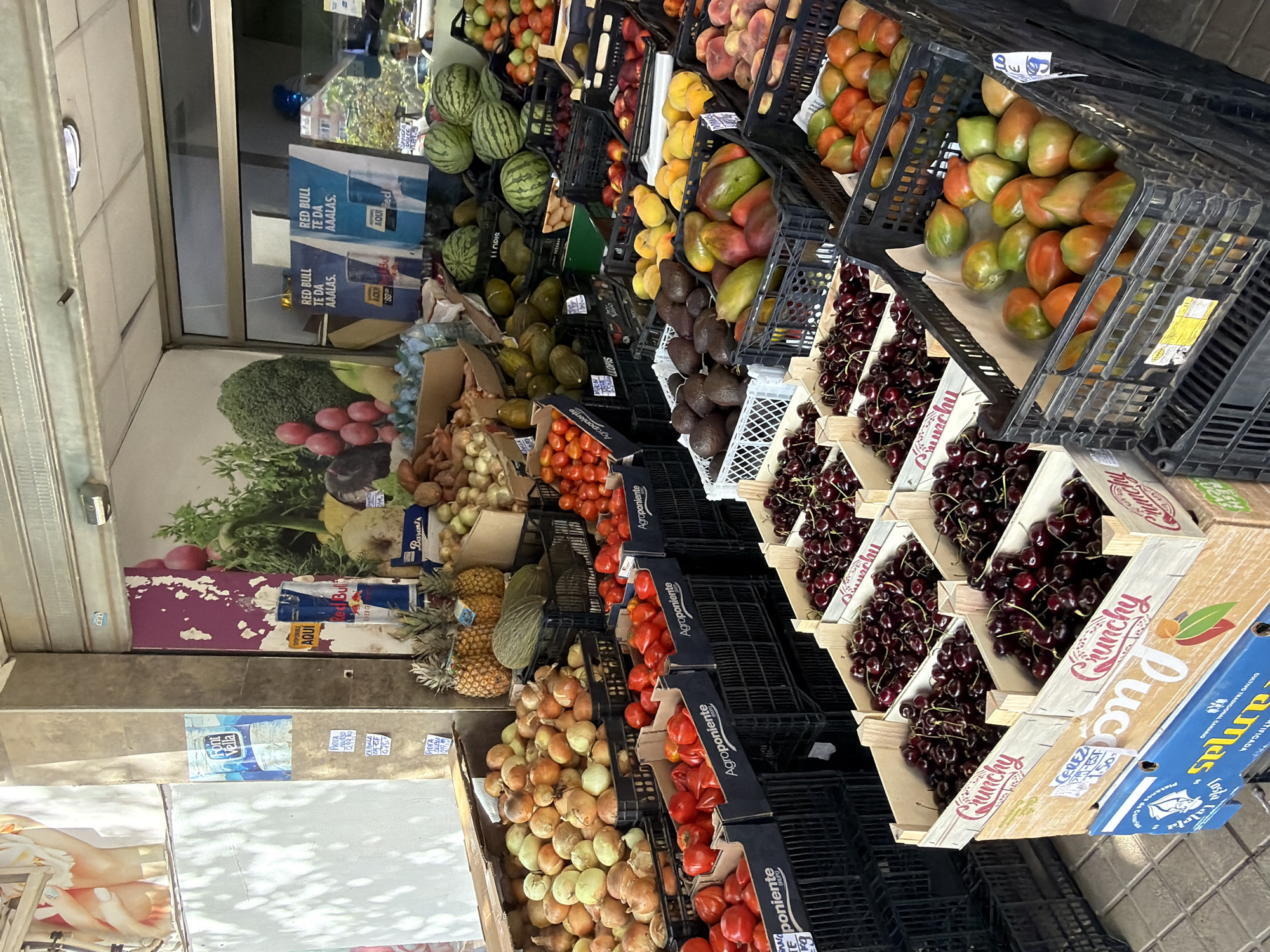 This is a photograph of a fruit and vegetable stand, likely outdoors or in an open-air market. The scene is filled with various fresh produce displayed in crates and baskets, including watermelons, avocados, tomatoes, cherries, onions, pineapples, and what appear to be peaches. The products are arranged in a visually appealing manner, typical of a market setting.
Several items of text are visible: "RED BULL TE DA AAALAS" is printed on blue and red boxes, suggesting a promotional display or advertisement. Other text includes brand names like "Agroponiente" and "Crunchy," along with product descriptions and prices, such as "CEREZ," "CEBALA," and "1.52". There are also labels for "Font Vella" water.
The lighting suggests it is daytime, but the specific time of day is not discernible. The overall impression is that of a busy market stall with a wide selection of fresh goods available for sale. No people are prominently featured in the image, but the presence of merchandise and signage indicates a commercial activity. The background shows glimpses of buildings and possibly other market stalls, hinting at an urban or semi-urban environment. The arrangement and variety of produce suggest a focus on healthy and fresh food options.