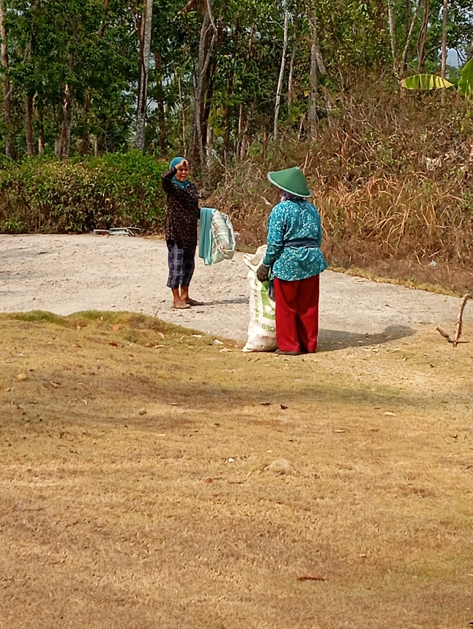 In Ketepung, Indonesia, two individuals are present in an outdoor scene. On the left, a person wearing a patterned dark shirt and plaid shorts, with a blue headscarf, stands with their right hand raised to their forehead. They are holding a bundle of light blue and white striped fabric in their left arm. To the right of this individual, another person is facing away from the camera, wearing a turquoise patterned long-sleeved shirt, red pants, and a conical green hat. This person is standing next to a large white sack. The ground is a mix of dry, light brown grass and a dusty, light-colored path. Behind the individuals, a dense area of green foliage and trees forms a backdrop, with dry, lighter vegetation visible further in the background. The lighting suggests it is daytime, with shadows cast on the ground.