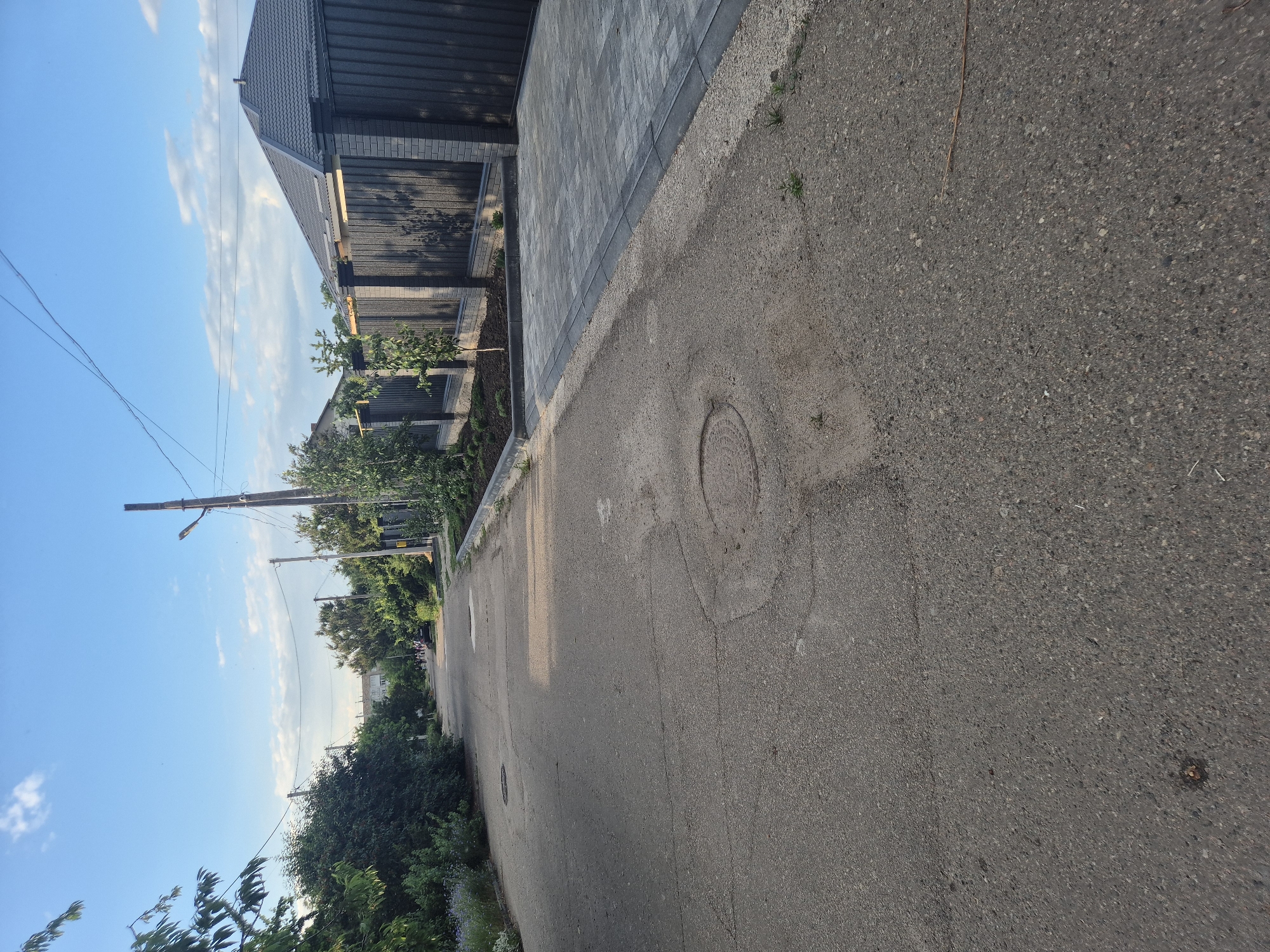 A street scene in Sozonivka, Ukraine, captured on a clear day with a blue sky and scattered clouds. The foreground features a cracked asphalt road with a manhole cover. To the right, a newly paved driveway with interlocking gray pavers leads to a dark metal fence and a modern house with a dark gray roof. A neatly landscaped area with young trees and dark mulch borders the driveway and fence. Lush green trees and bushes line the left side of the road, with a few small purple flowers visible. In the distance, several people and a car are visible on the street, which continues between rows of houses and trees. A street lamp stands on a utility pole on the right side of the road.
