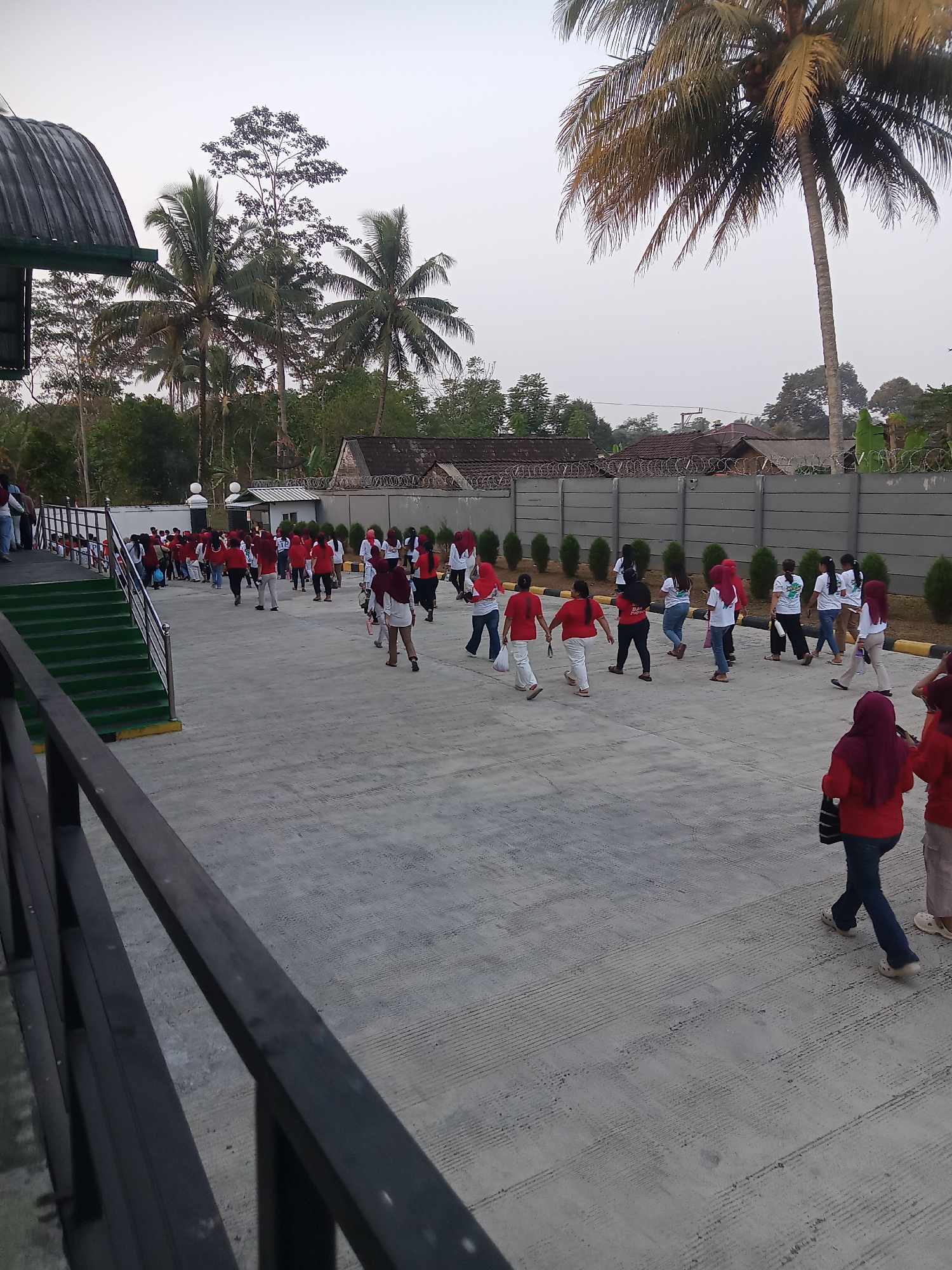 A group of people, predominantly women, are seen walking on a paved outdoor area. Many are wearing red shirts, and some are wearing headscarves. The group appears to be moving from left to right in the frame, with some individuals walking in a line. In the background, there are trees, including palm trees, and a building with a distinctive curved roof. A fence with barbed wire runs along the property line. The overall environment suggests a semi-tropical location, consistent with Tengaran, Indonesia. The lighting indicates it is either early morning or late afternoon.