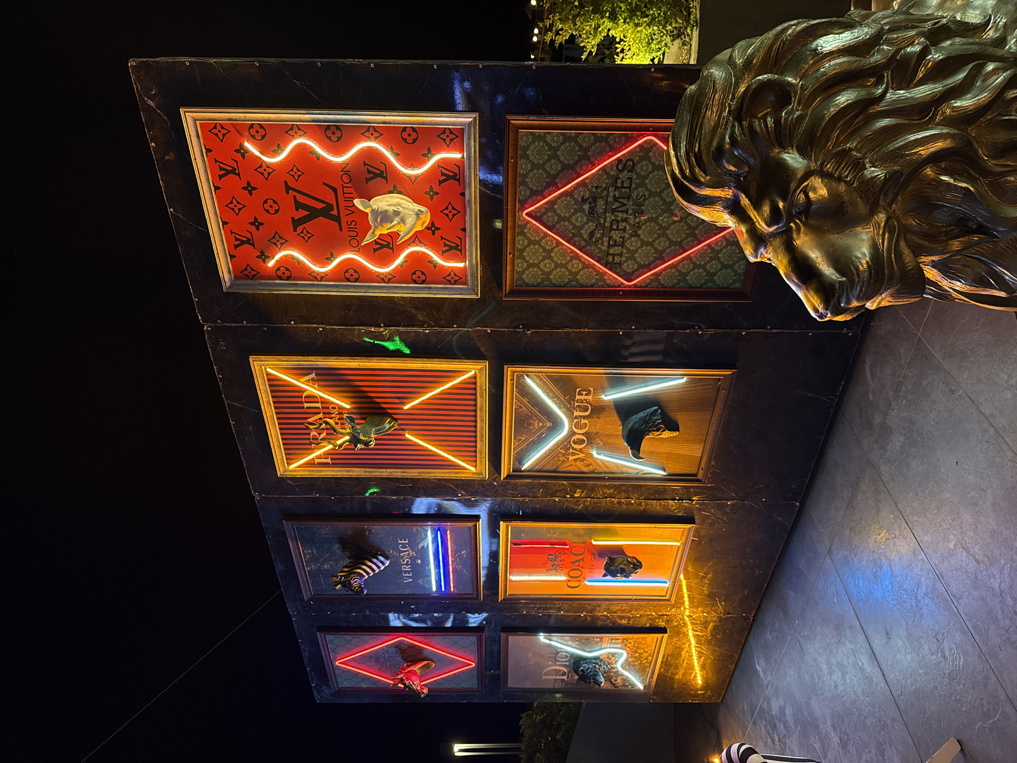 The image shows a display of fashion brands, each within a framed showcase, next to a gold-colored lion head statue. The fashion brands displayed are Louis Vuitton, Hermes, Prada, Vogue, Versace, Coach, and Dior. The display is set up outdoors at night. This is a luxury brand installation in Kemer, Turkey.