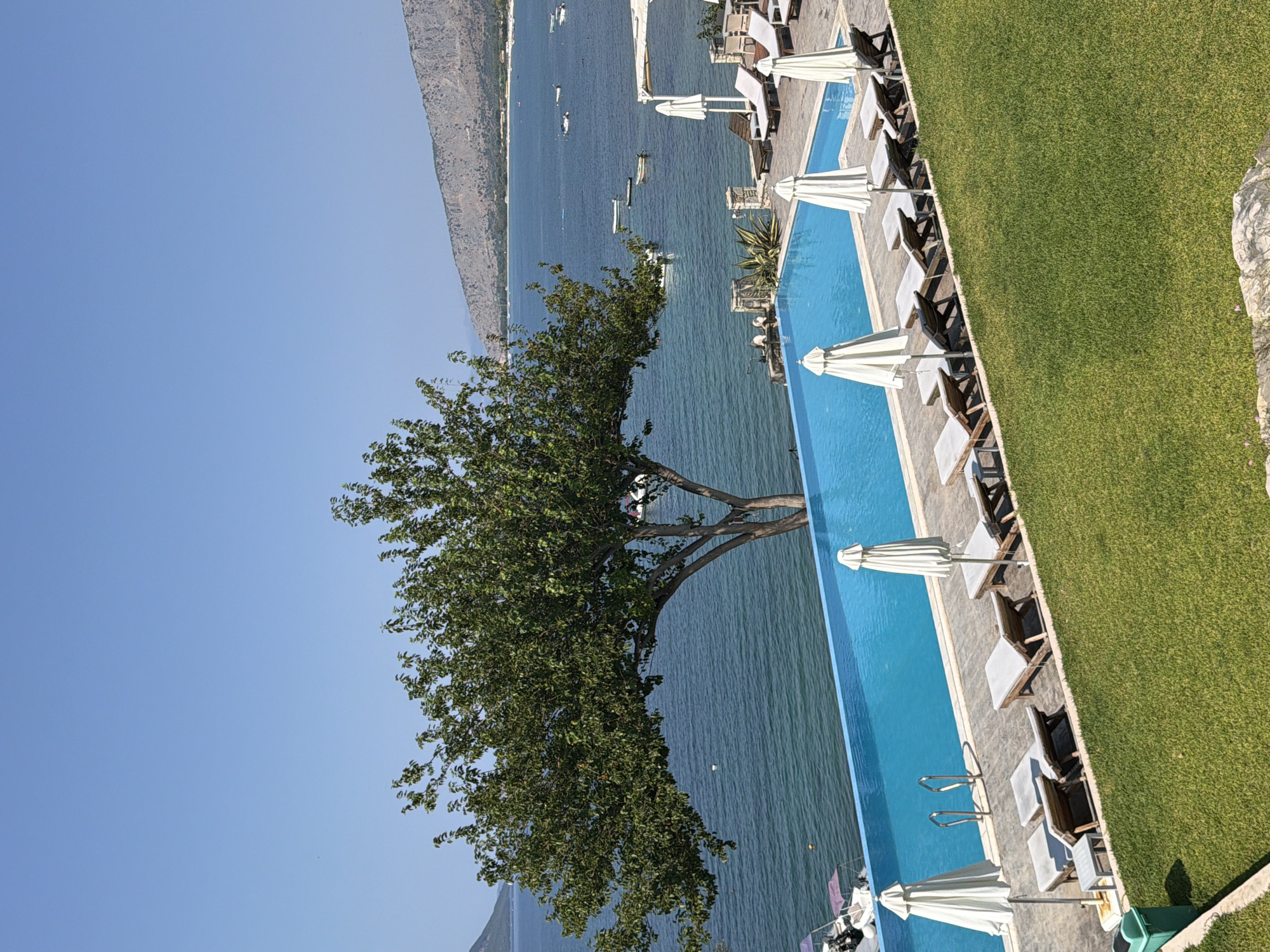 The image shows a scenic view of an infinity pool adjacent to the Ionian Sea in Municipal Unit of Alyzia, Greece. The pool is filled with clear blue water and surrounded by lounge chairs and white umbrellas. A large, leafy tree stands to the left of the pool, its branches reaching towards the water. In the background, the sea stretches out to the horizon, dotted with several small boats. The coastline is lined with a sandy beach and a mountain range rises in the distance. The sky is a clear, bright blue. The scene evokes a sense of tranquility and relaxation, likely a resort or a private villa.